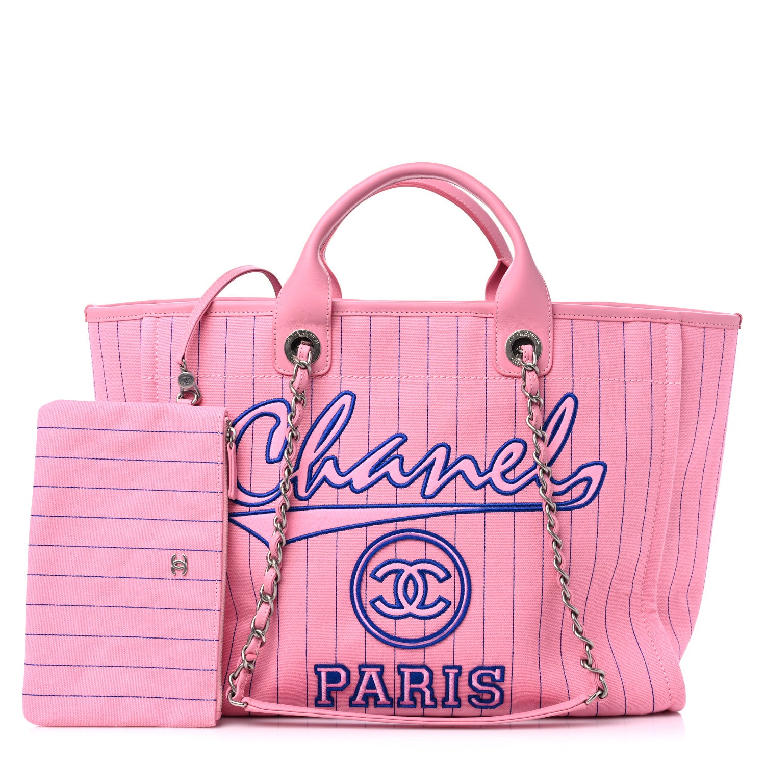 Chanel Canvas Calfskin Striped Large Deauville Tote Pink Blue 1 of 10