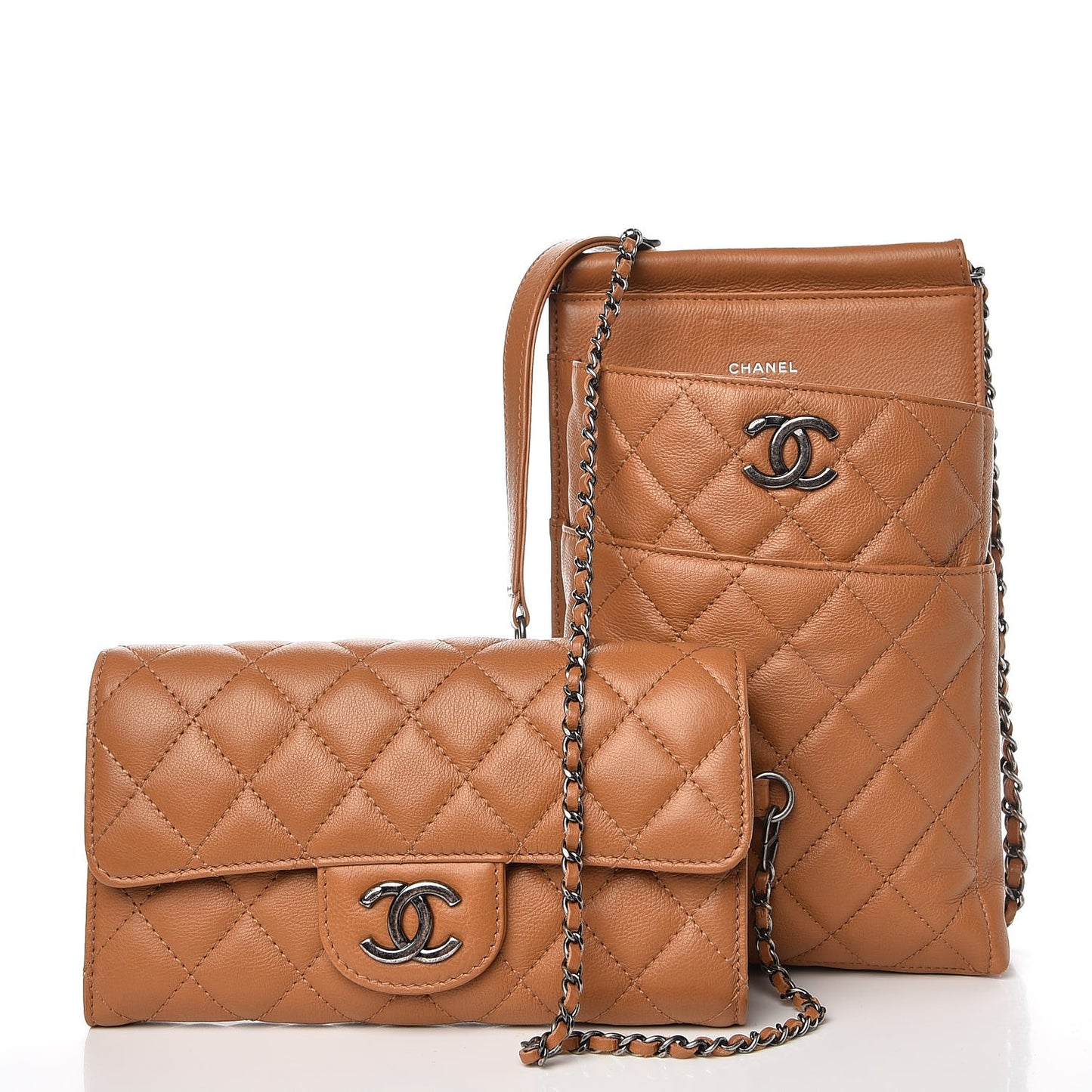 Calfskin Quilted CC Waiter Clutch Clutch With Chain Brown