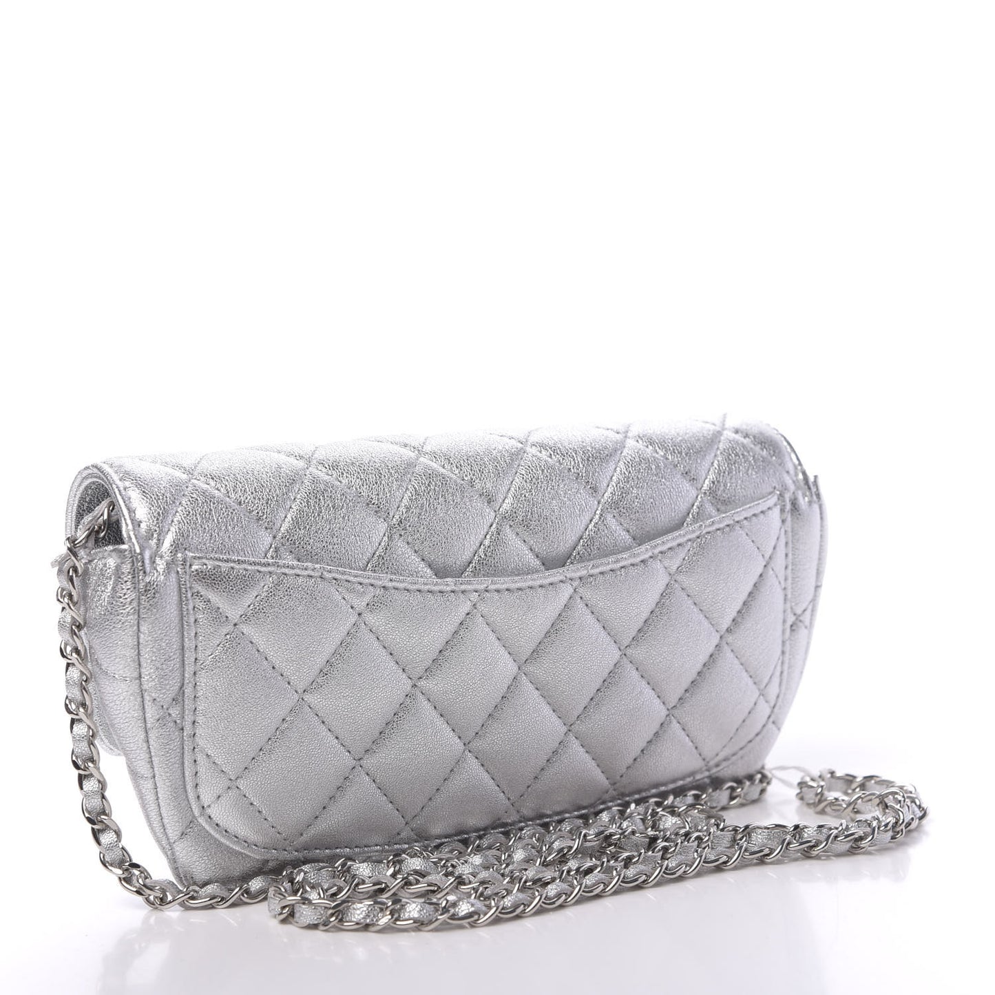 Metallic Lambskin Quilted Glasses Case With Chain Silver