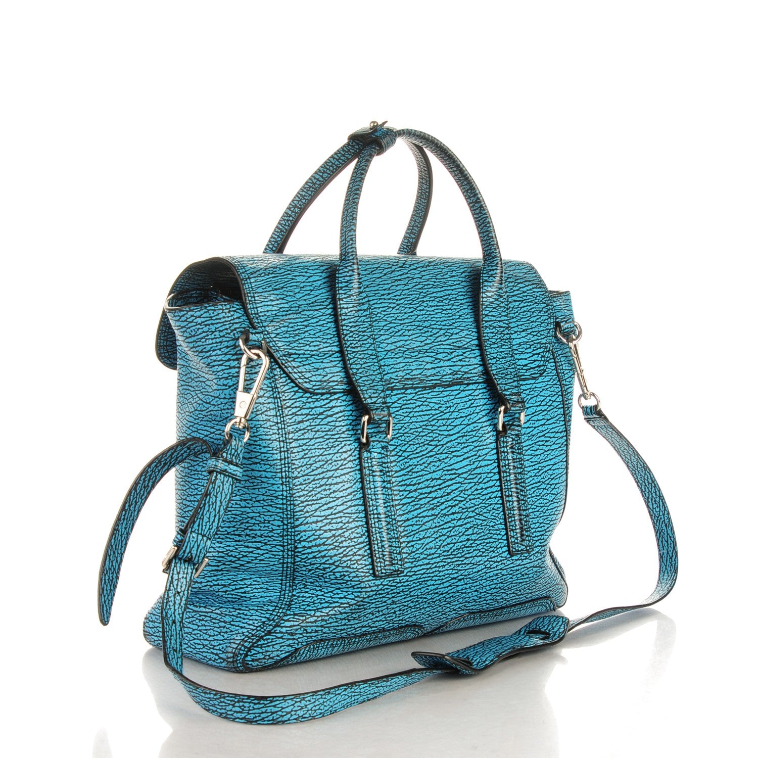 3.1 Phillip Lim 3.1 Shark Embossed Textured Calfskin Large Pashli Satchel Turquoise Black 3 of 9