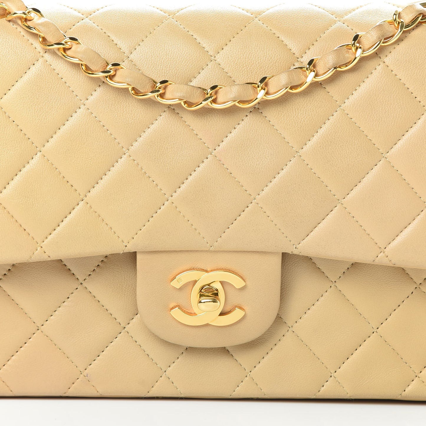Lambskin Quilted Medium Double Flap Beige