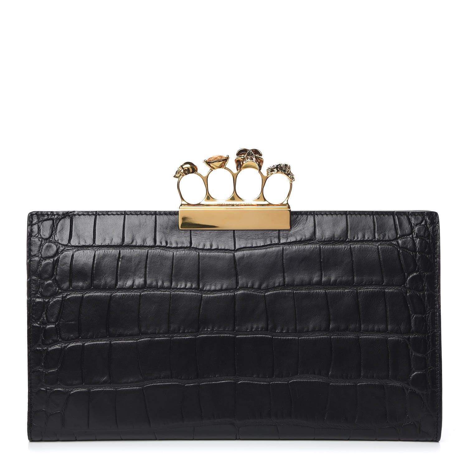 Alexander McQueen Calfskin Crocodile Embossed Knuckle Flat Clutch Black Gold 1 of 10
