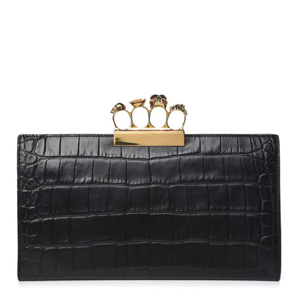 Alexander McQueen Calfskin Crocodile Embossed Knuckle Flat Clutch Black Gold 1 of 10