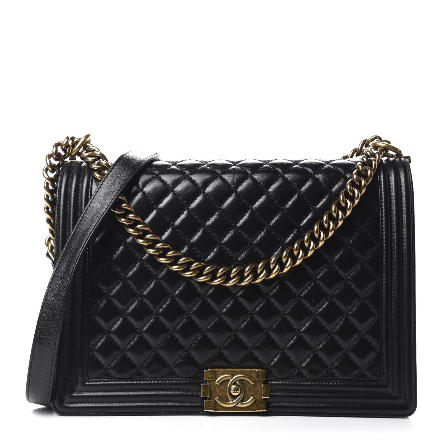 Glazed Calfskin Quilted Large Boy Flap Black