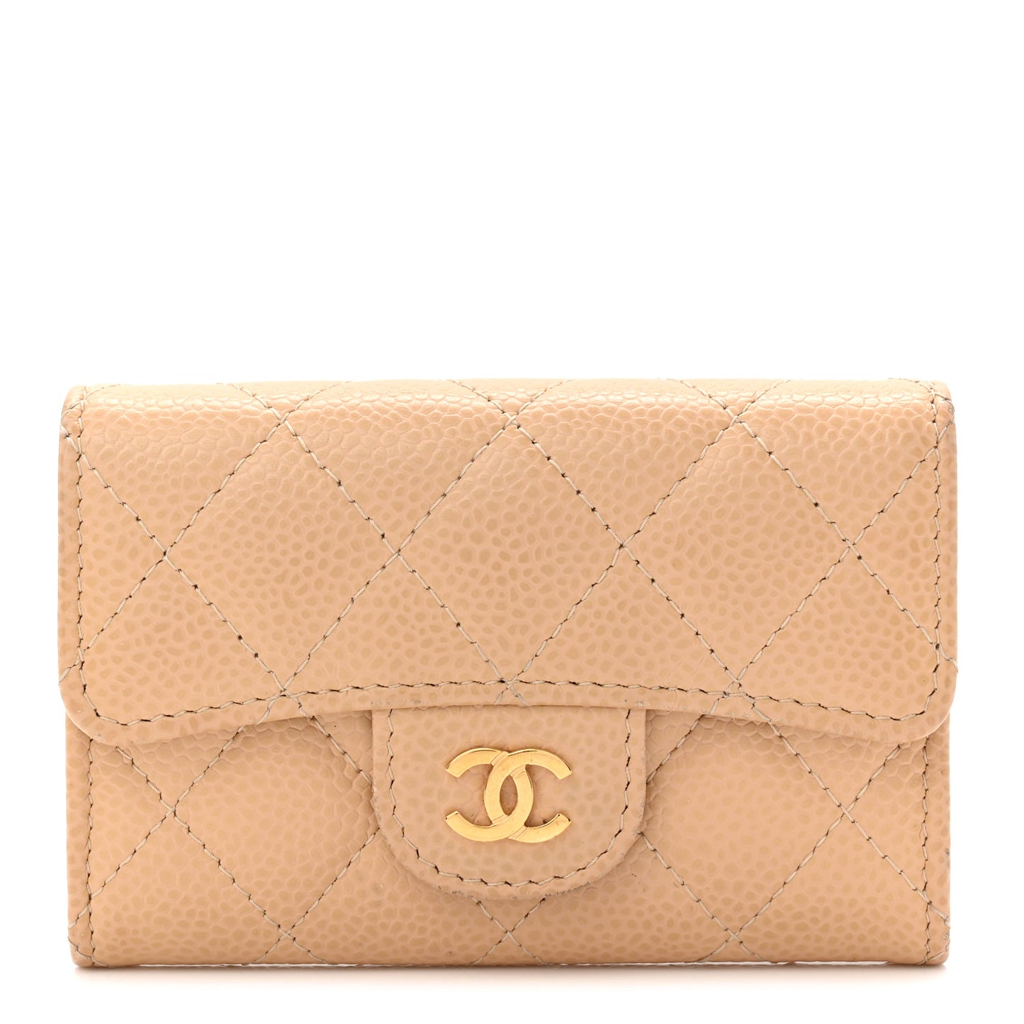 Caviar Quilted Flap Card Holder Wallet Beige