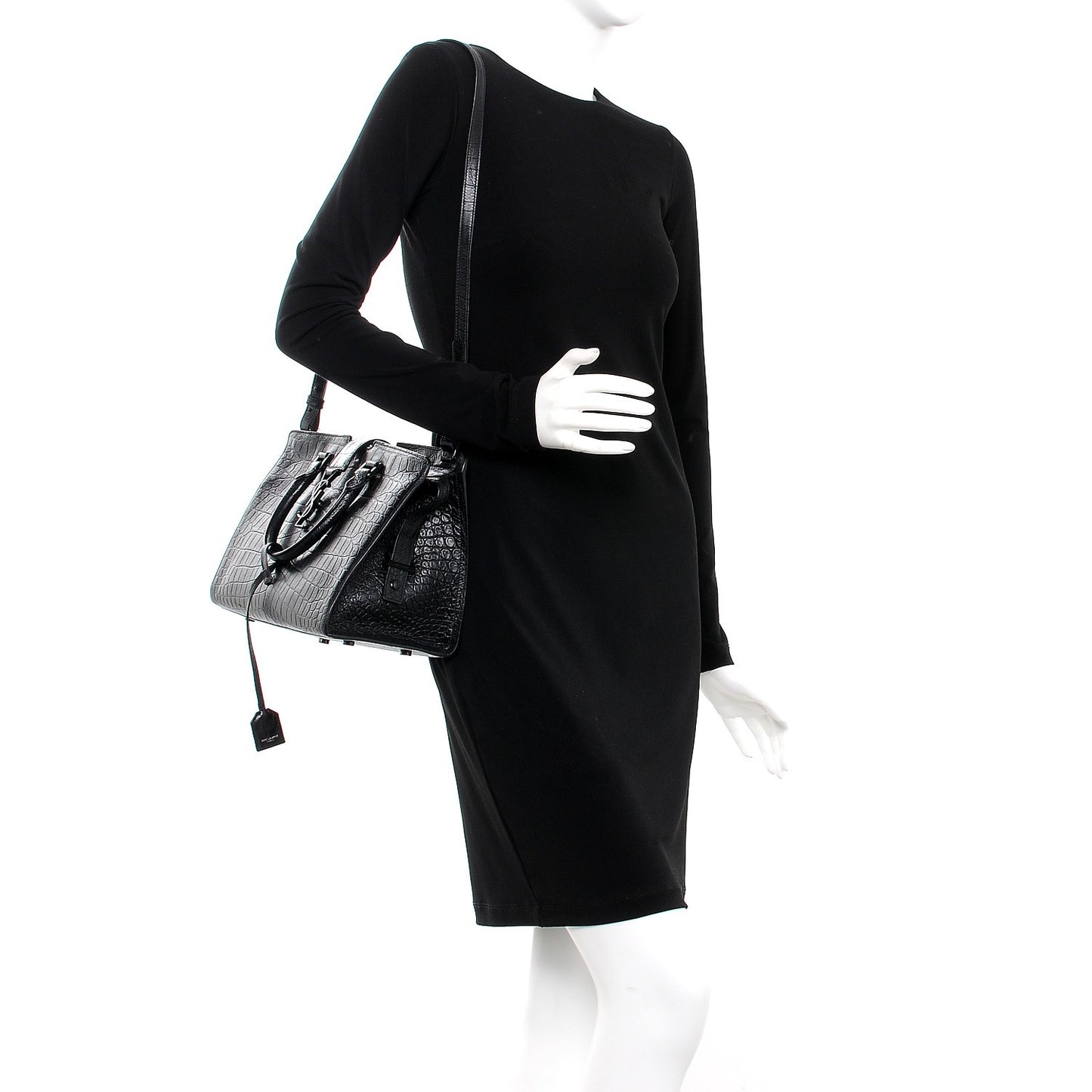 Calfskin Crocodile Embossed Small Monogram Cabas Black