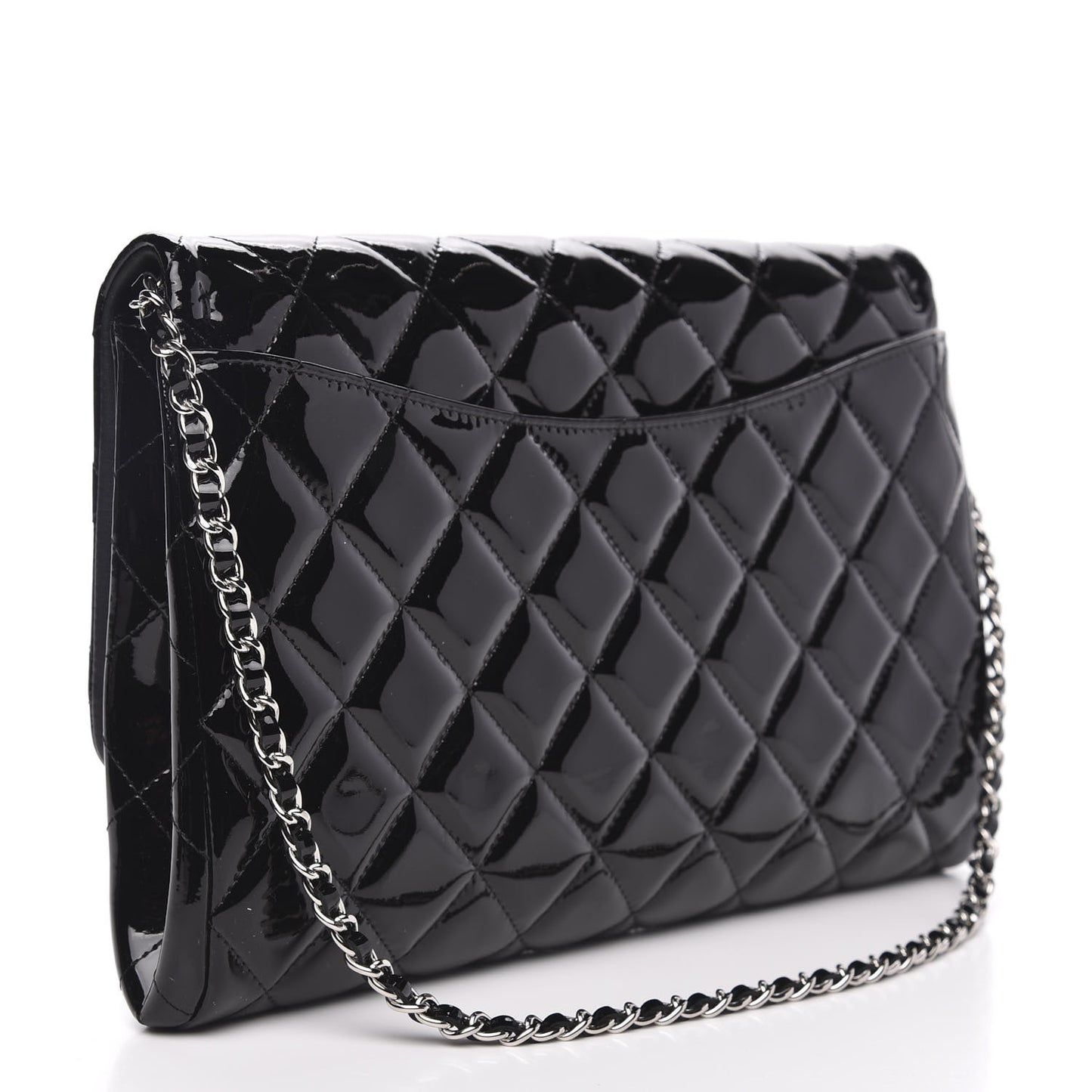 Striated Patent Quilted Clutch With Chain Flap Black