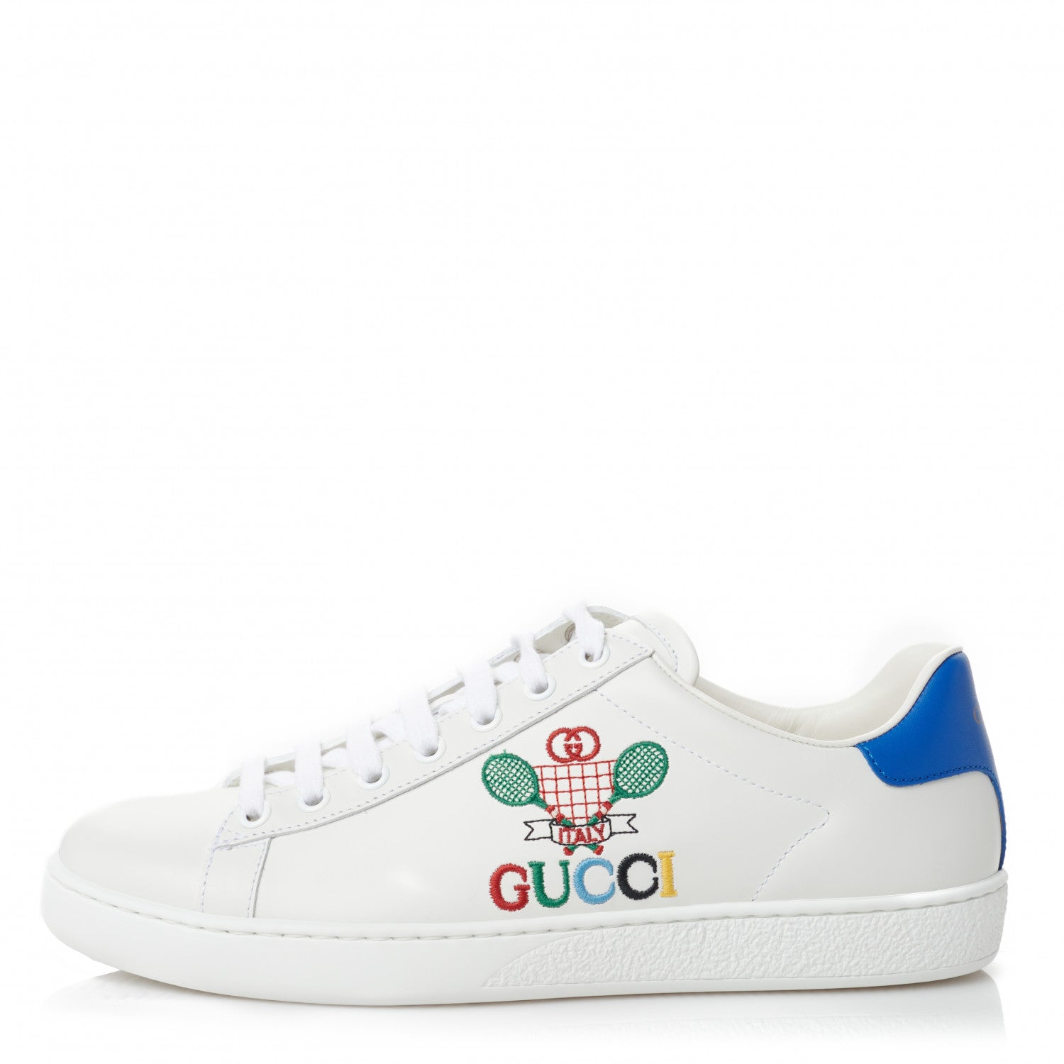 Gucci Calfskin Miro Soft Tennis Embroidered Womens Ace Sneakers 38.5 White Rio Blue 1 of 9