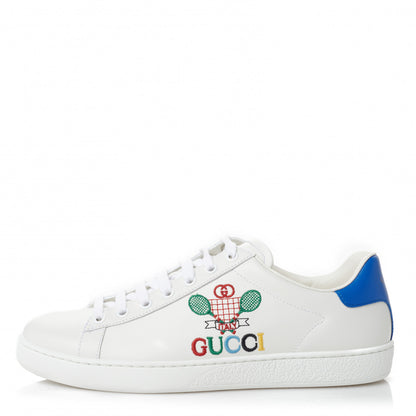 Gucci Calfskin Miro Soft Tennis Embroidered Womens Ace Sneakers 38.5 White Rio Blue 1 of 9