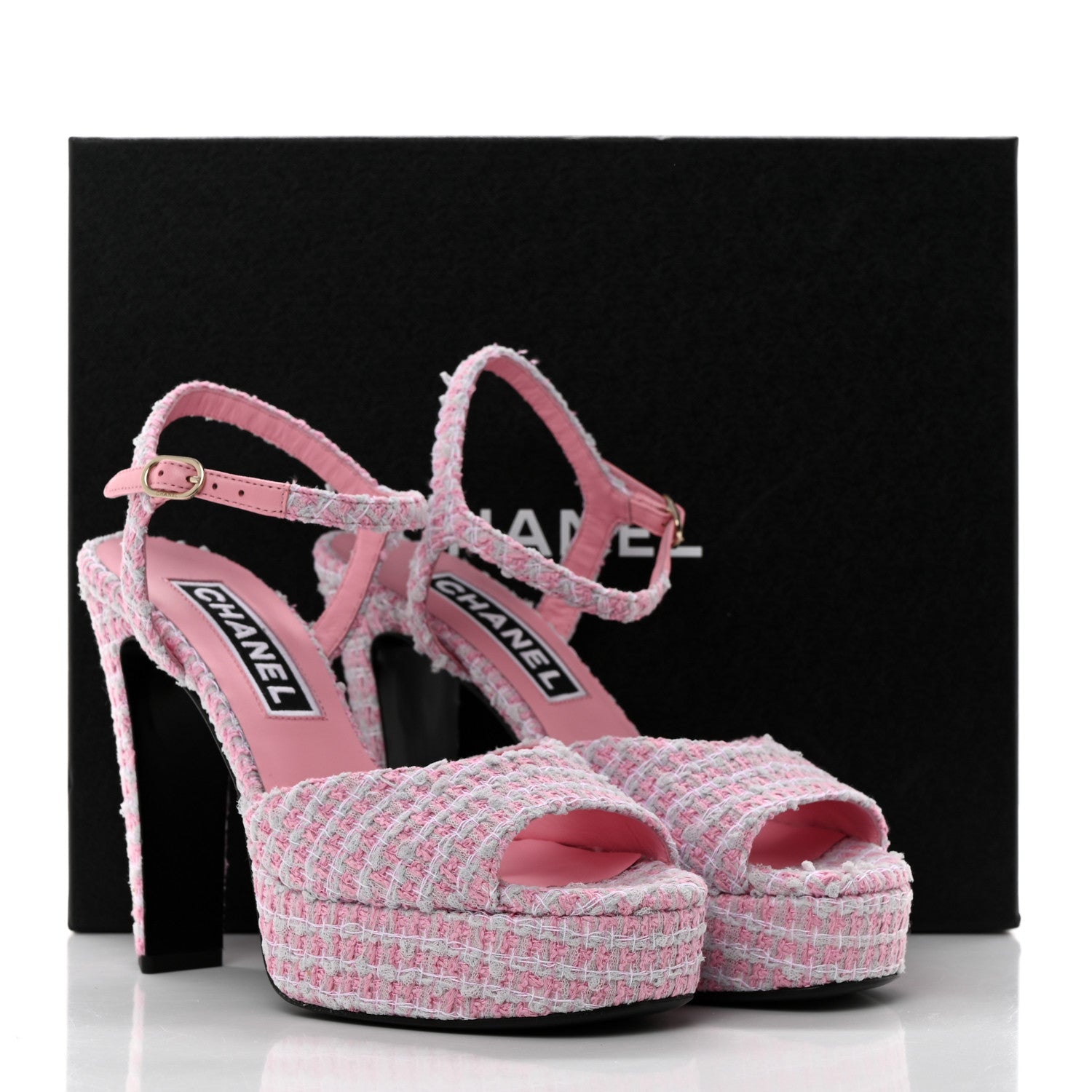 Chanel Tweed Crystal CC Platform Sandals 38 Light Pink 10 of 10