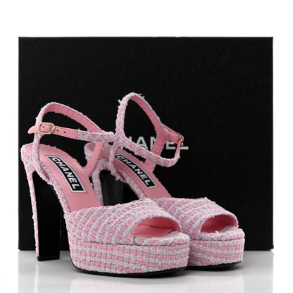 Chanel Tweed Crystal CC Platform Sandals 38 Light Pink 10 of 10