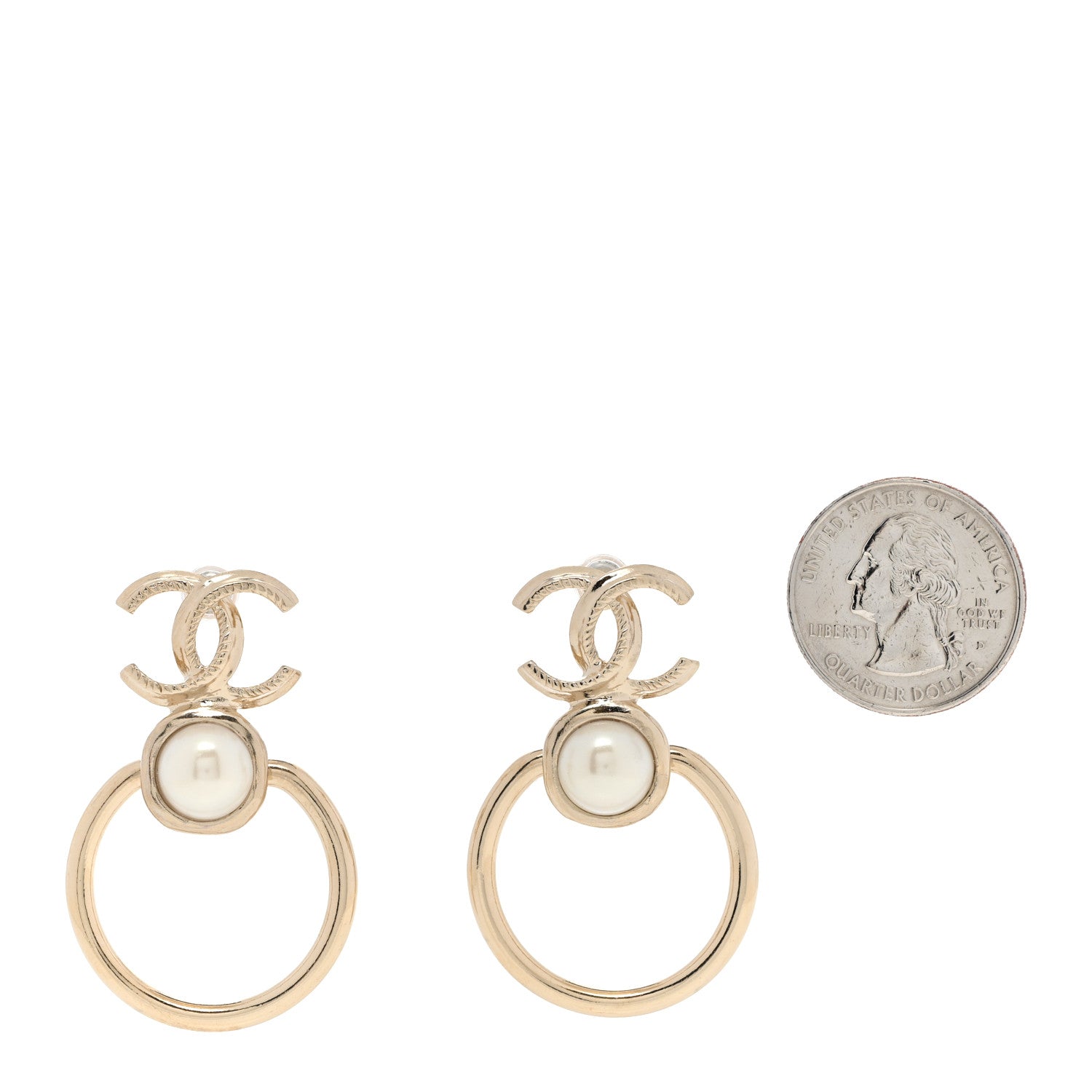 Chanel Metal Pearl CC Hoop Drop Earrings Gold 2 of 4