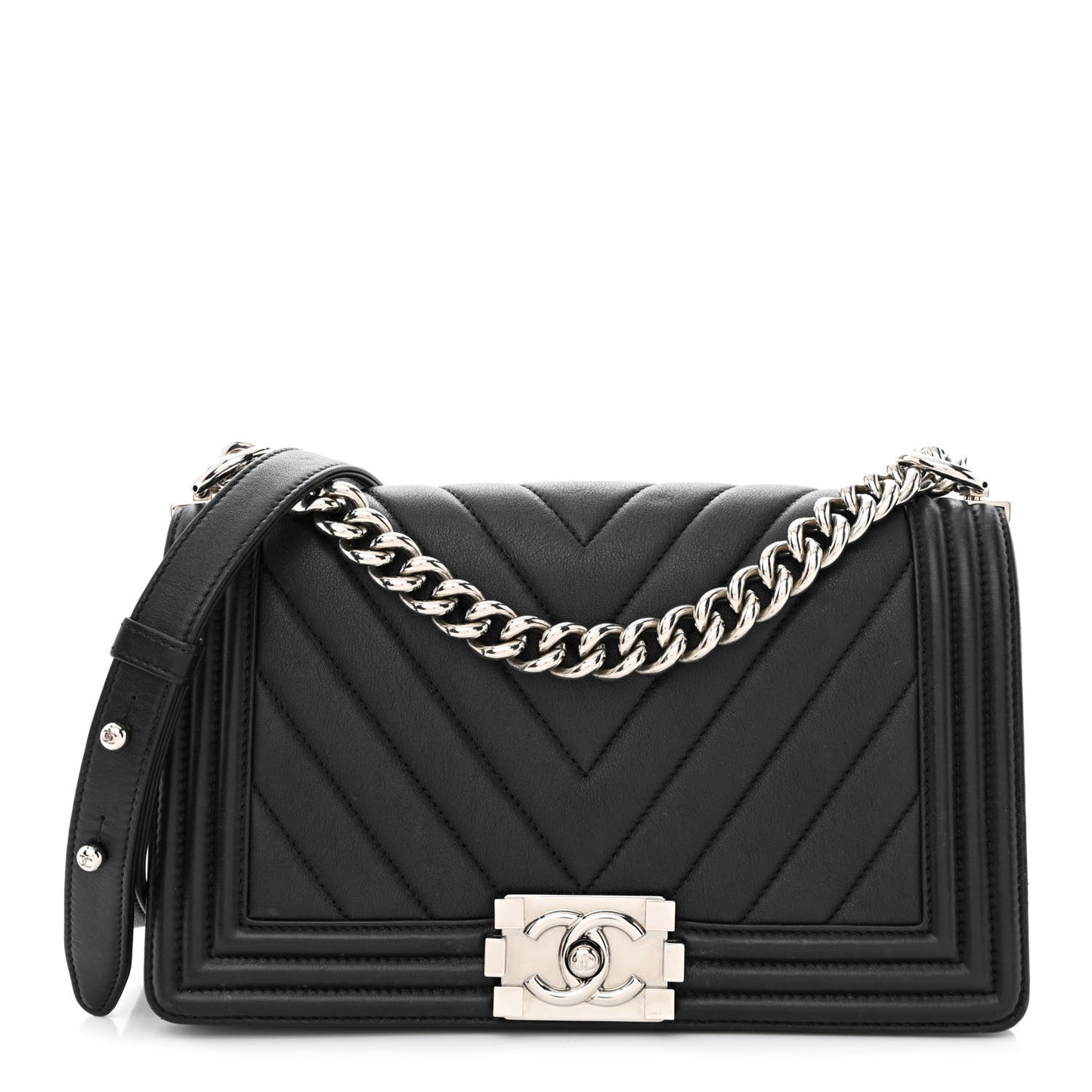 Calfskin Chevron Quilted Medium Boy Flap Black