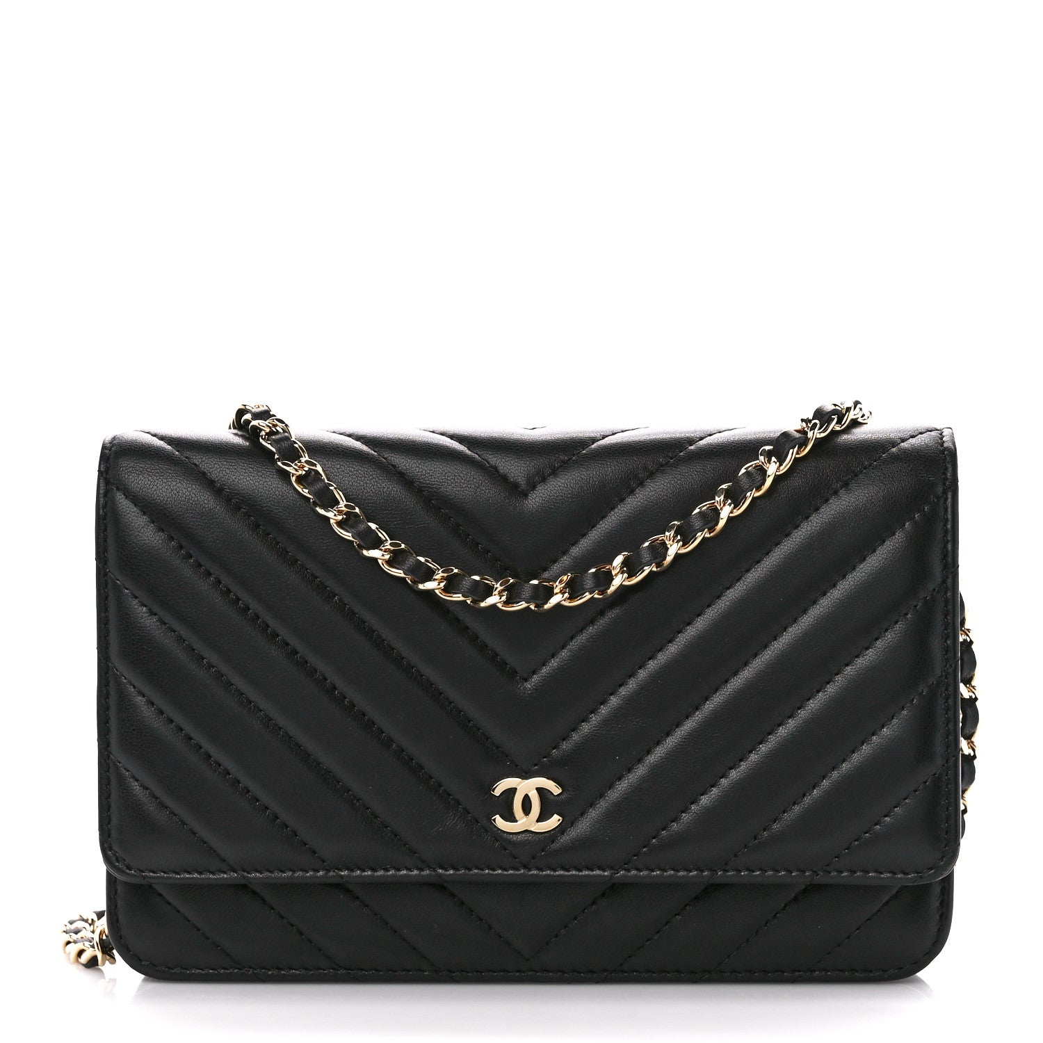 Chanel Lambskin Chevron Quilted Wallet On Chain WOC Black 1 of 11