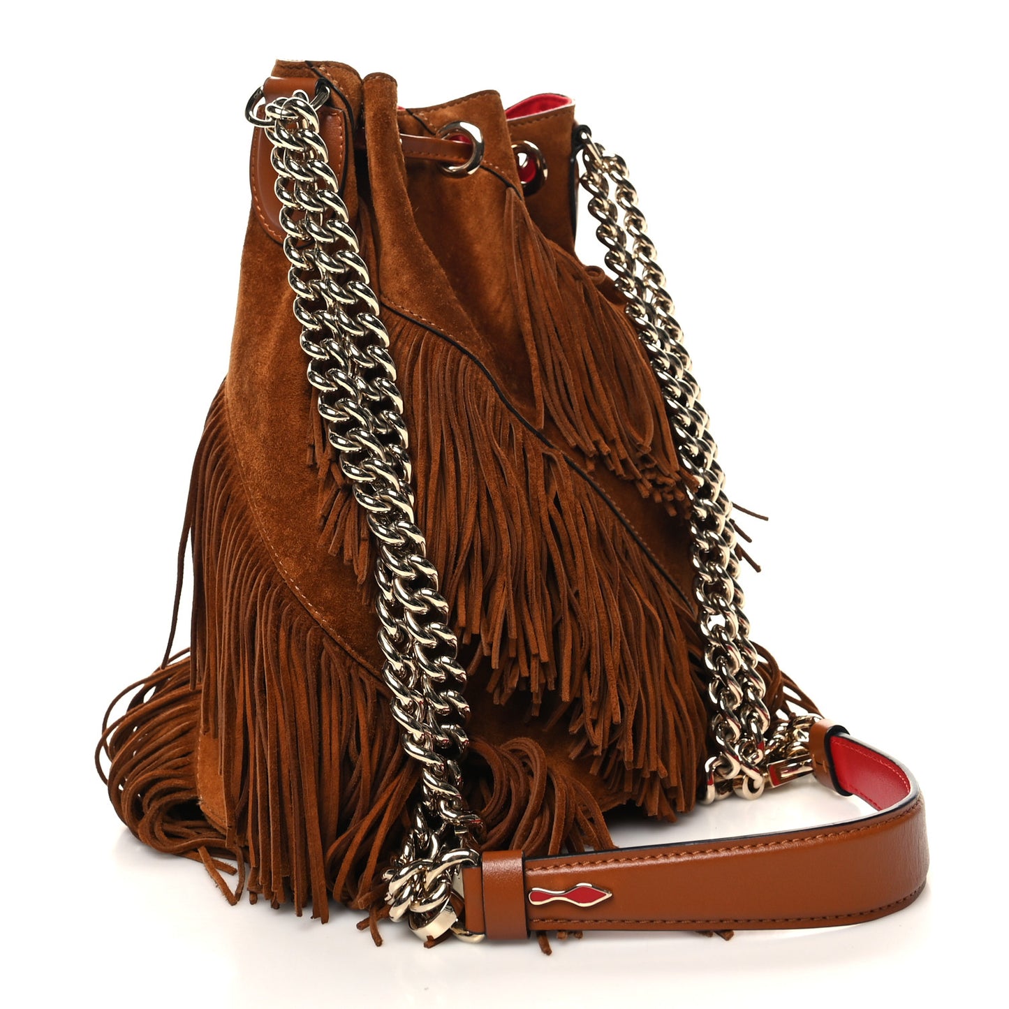 Suede Calfskin Fringe Marie Jane Bucket Brown
