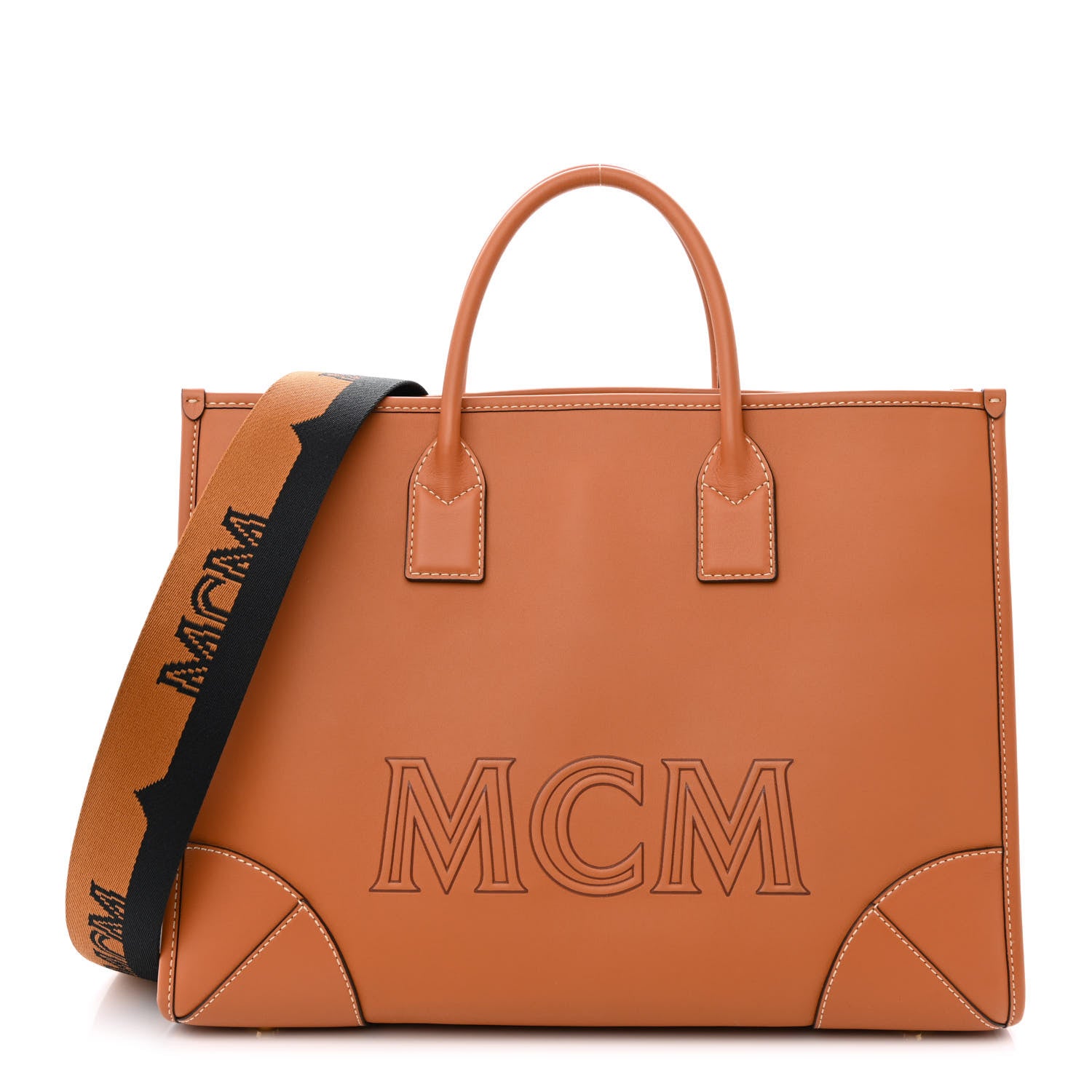 MCM Calfskin Logo Large Tote Cognac 1 of 10
