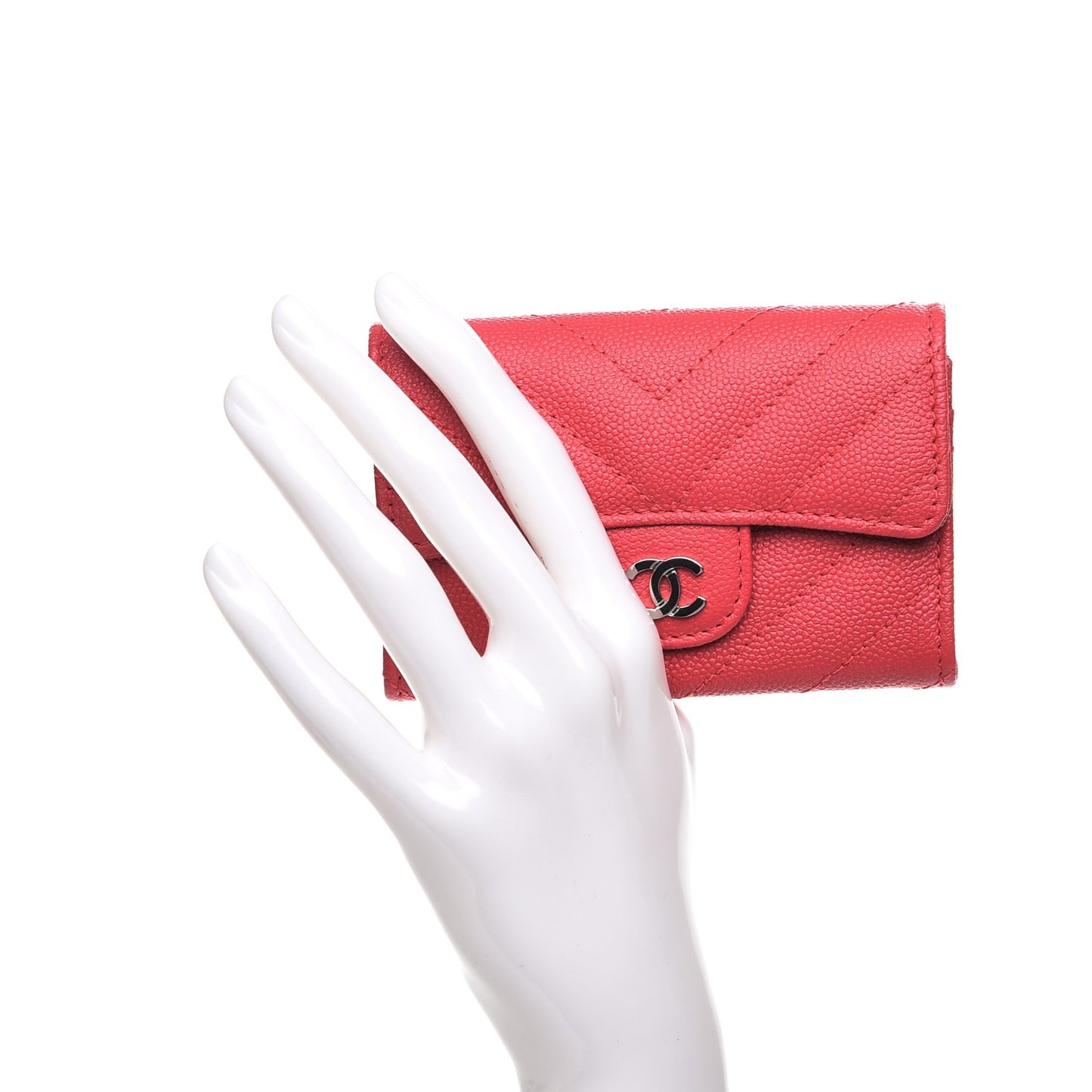 Caviar Chevron Quilted Card Holder Wallet Dark Pink