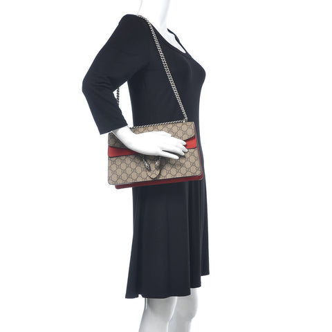 GG Supreme Monogram Suede Small Dionysus Shoulder Bag Beige Ebony Vulcanic Red
