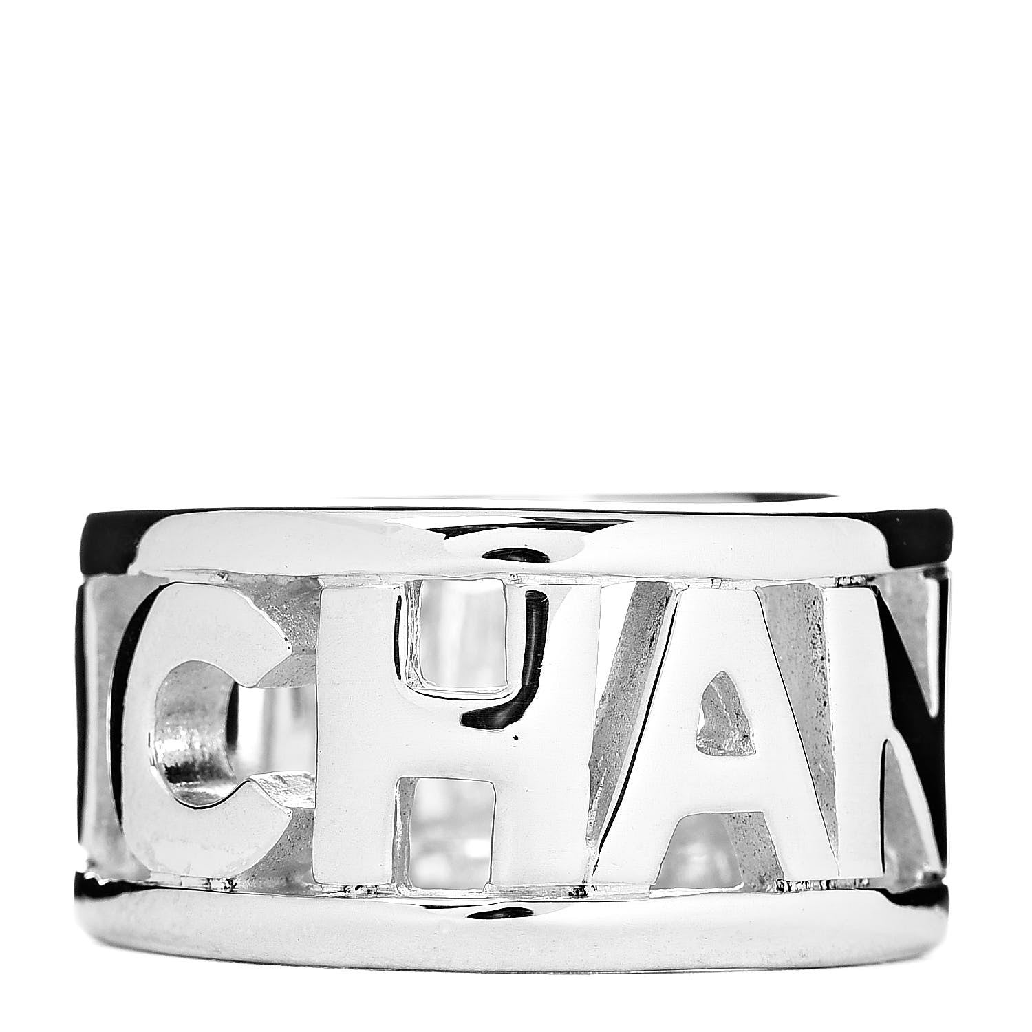 Chanel Sterling Silver Logo Wide Band Ring 53 6.5 1 of 4