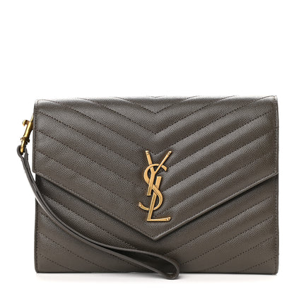 Saint Laurent Grain De Poudre Matelasse Chevron Monogram Envelope Clutch Earth 1 of 9
