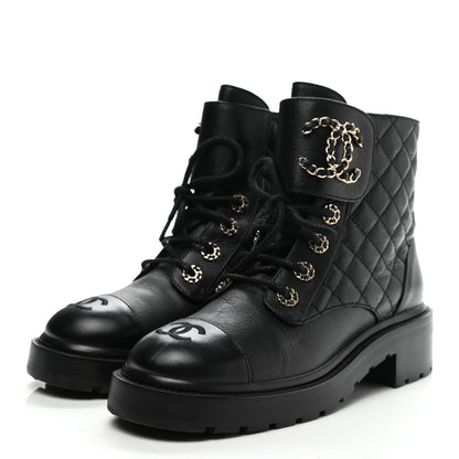 Chanel Shiny Lambskin Quilted Lace Up Combat Boots 37.5 Black 3 of 9