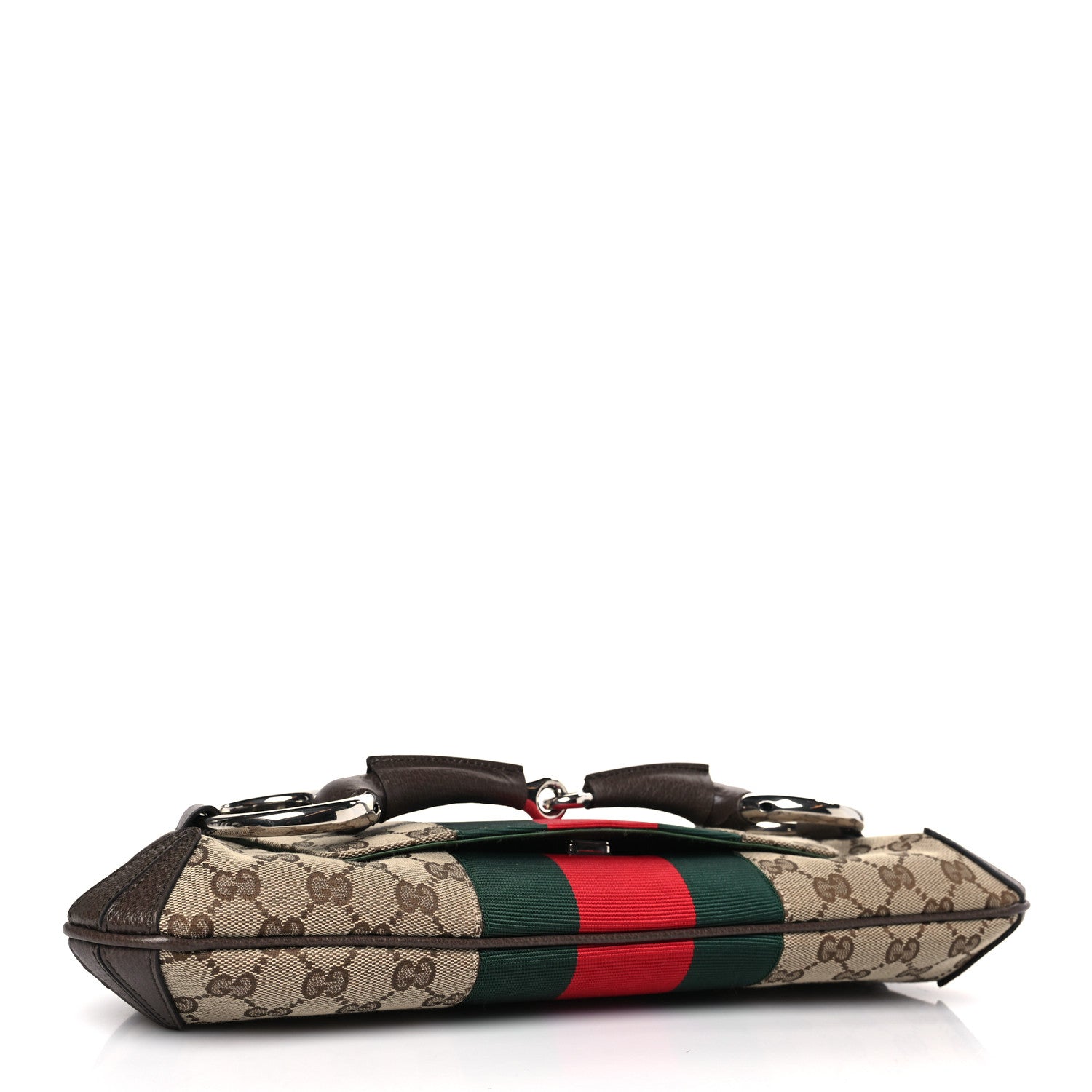 Gucci Monogram Textured Dollar Calfskin Heavy Grosgrain Web Medium Maxi Horsebit Chain Shoulder Bag Beige Ebony New Acero 4 of 8
