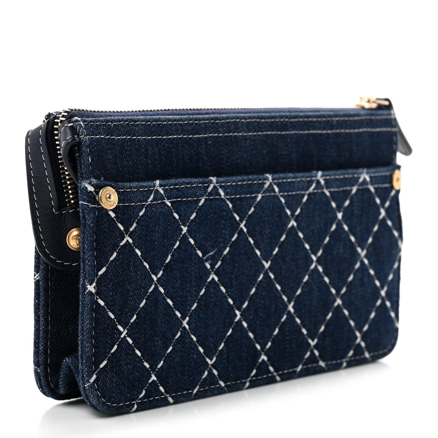Denim Quilted Zipped Wristlet Clutch Blue
