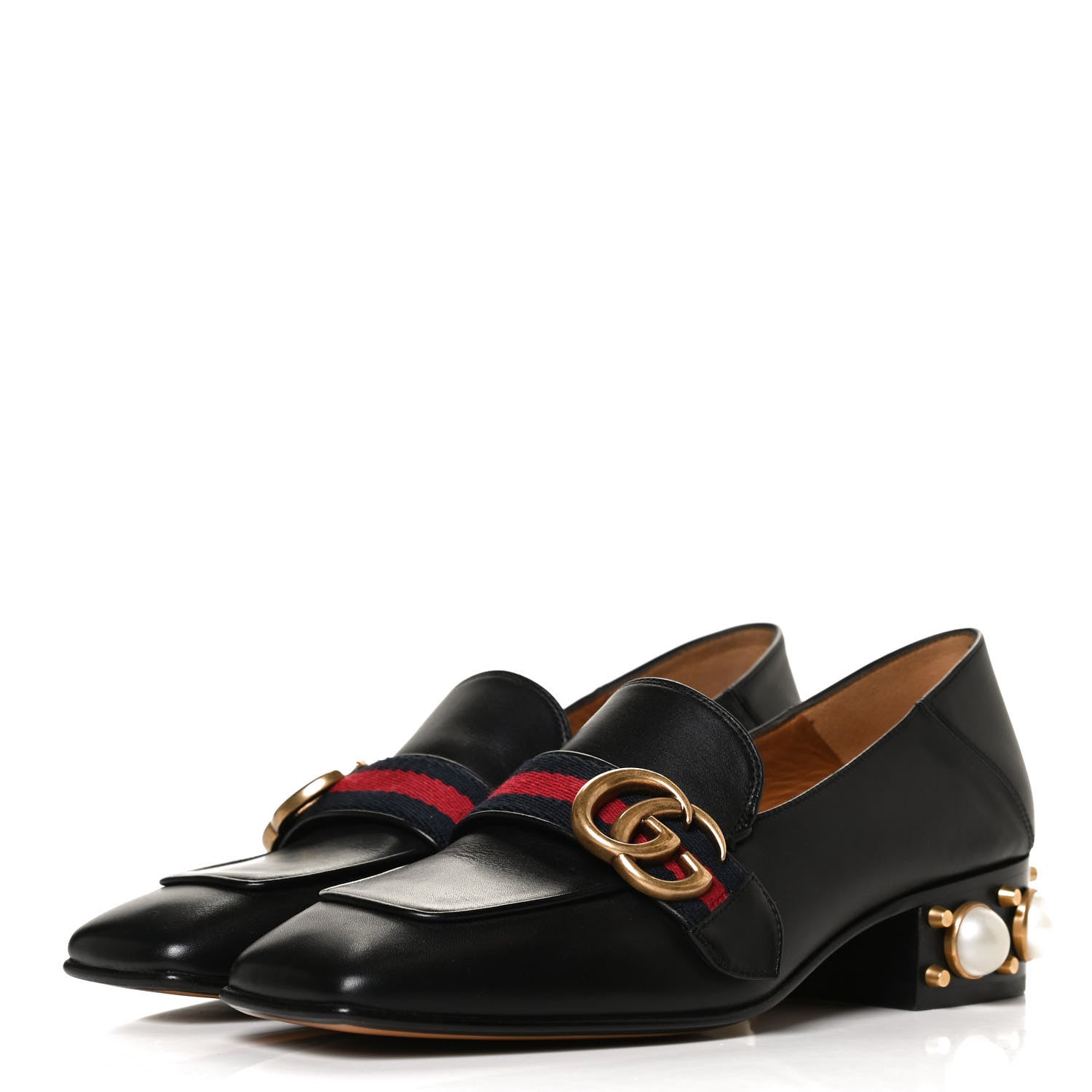 Gucci Betis Glamour Calfskin Web Pearl Embellished Peyton 35mm Loafer Pumps 36 Black 3 of 10