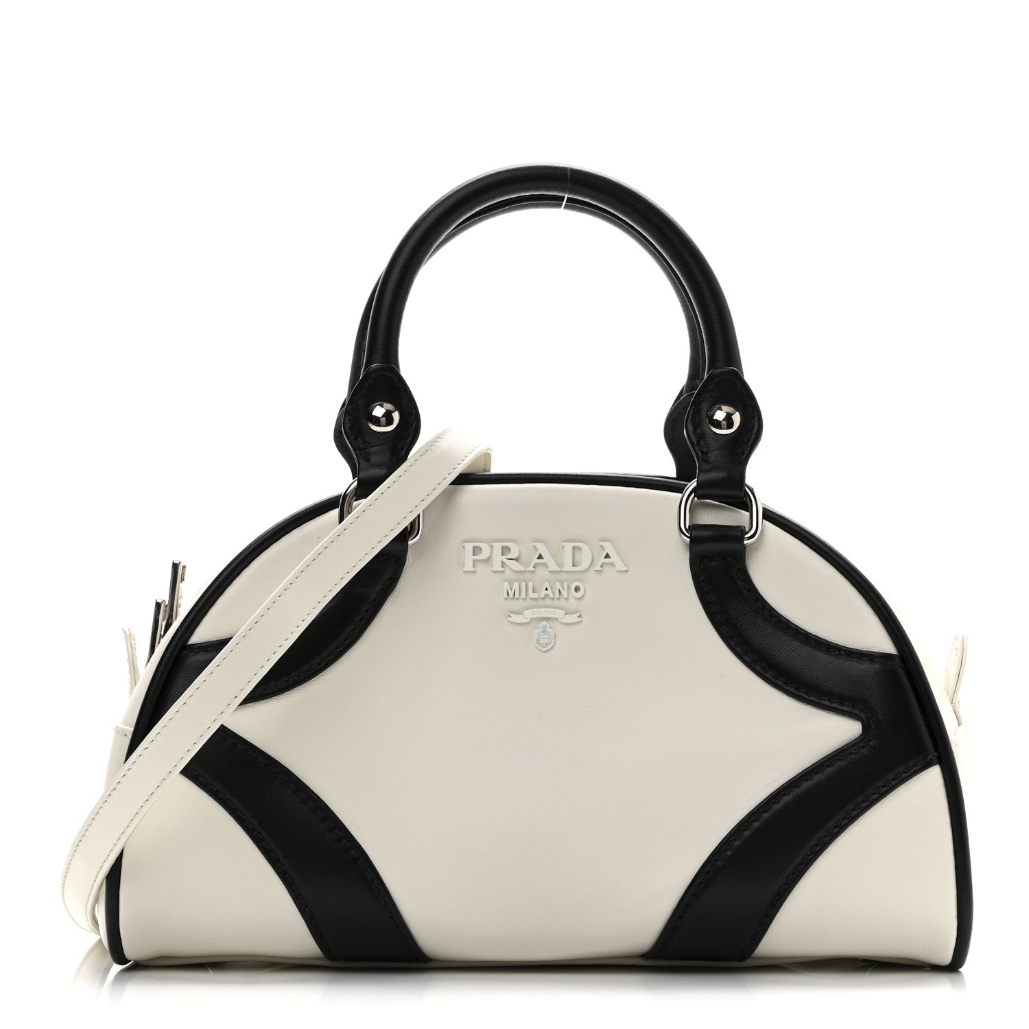 Prada Soft Calfskin Bowling Crossbody Bag White Black 1 of 9