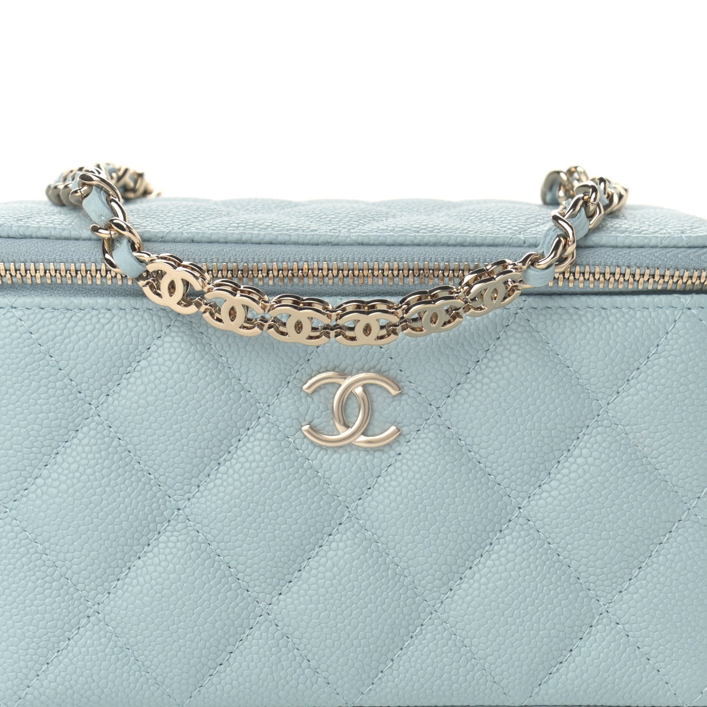 Caviar Quilted Small Tiny CC Vanity Case With Chain Light Blue