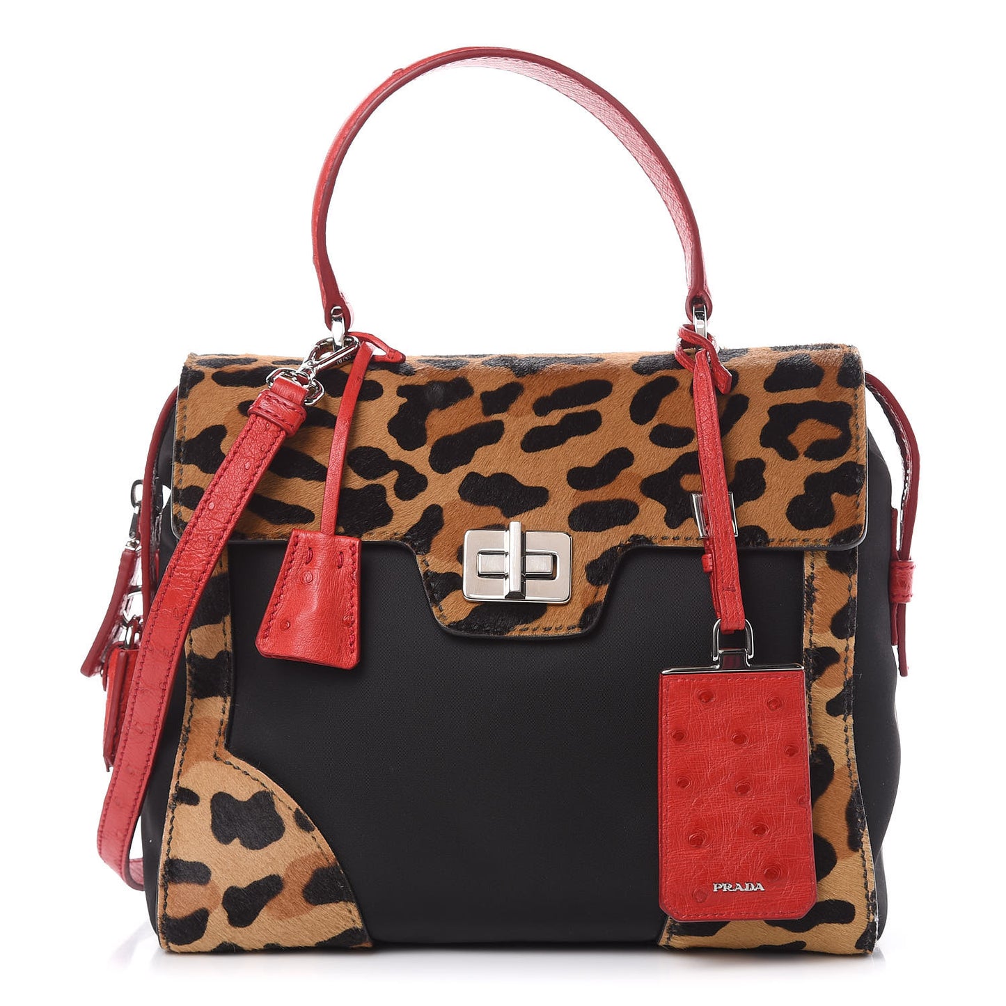 Tessuto Cavallino Ostrich Leopard Print Tote Black Miele Rosso