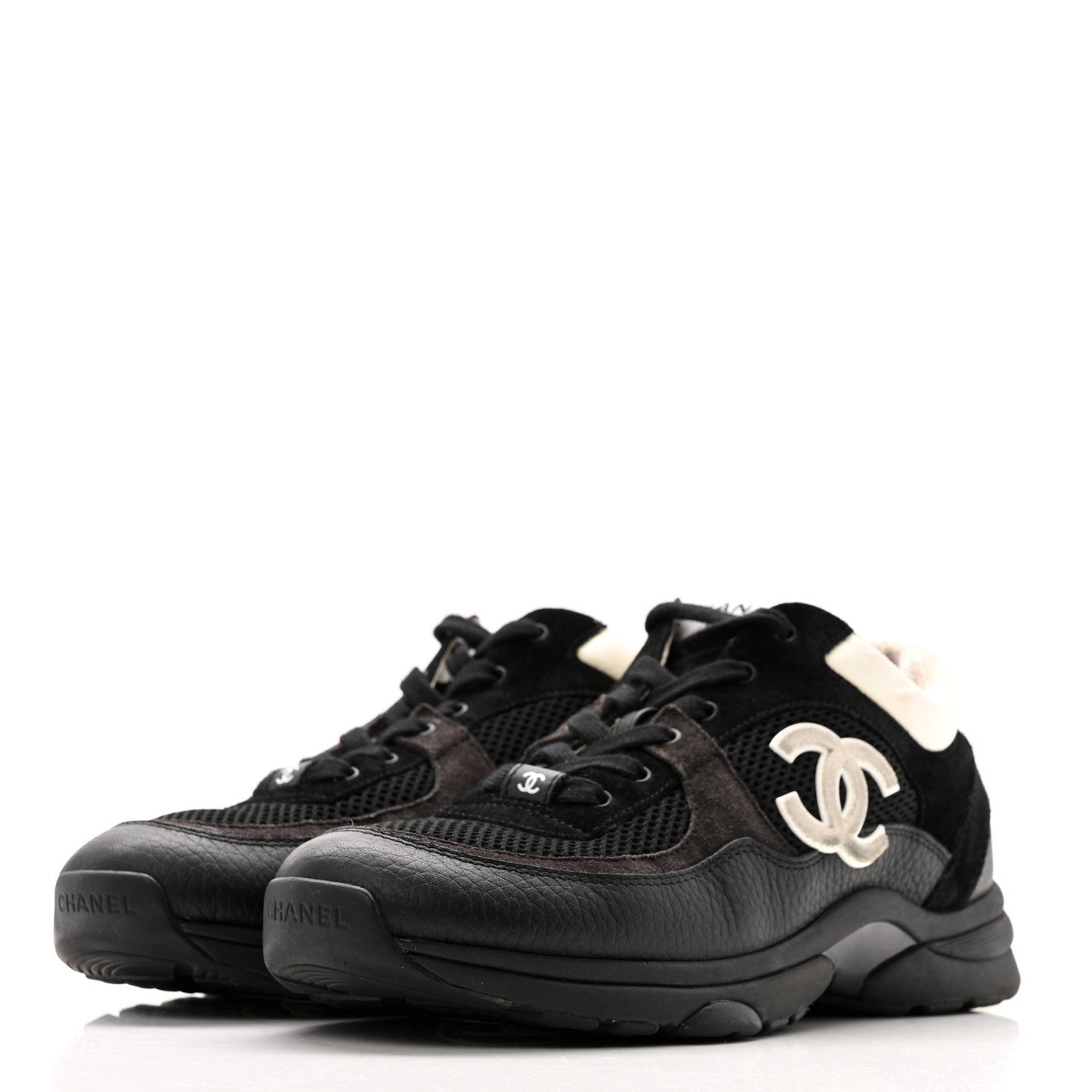 Mesh Suede Grained Calfskin Womens CC Sneakers 40.5 Black White