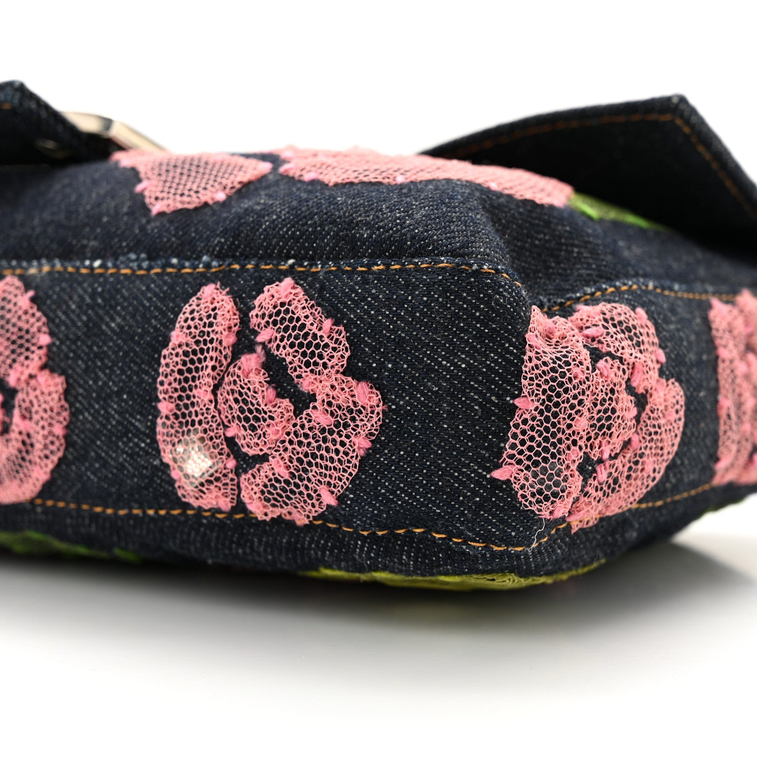 Fendi Denim Lace Embroidered Floral Baguette Blue Multicolor 9 of 9