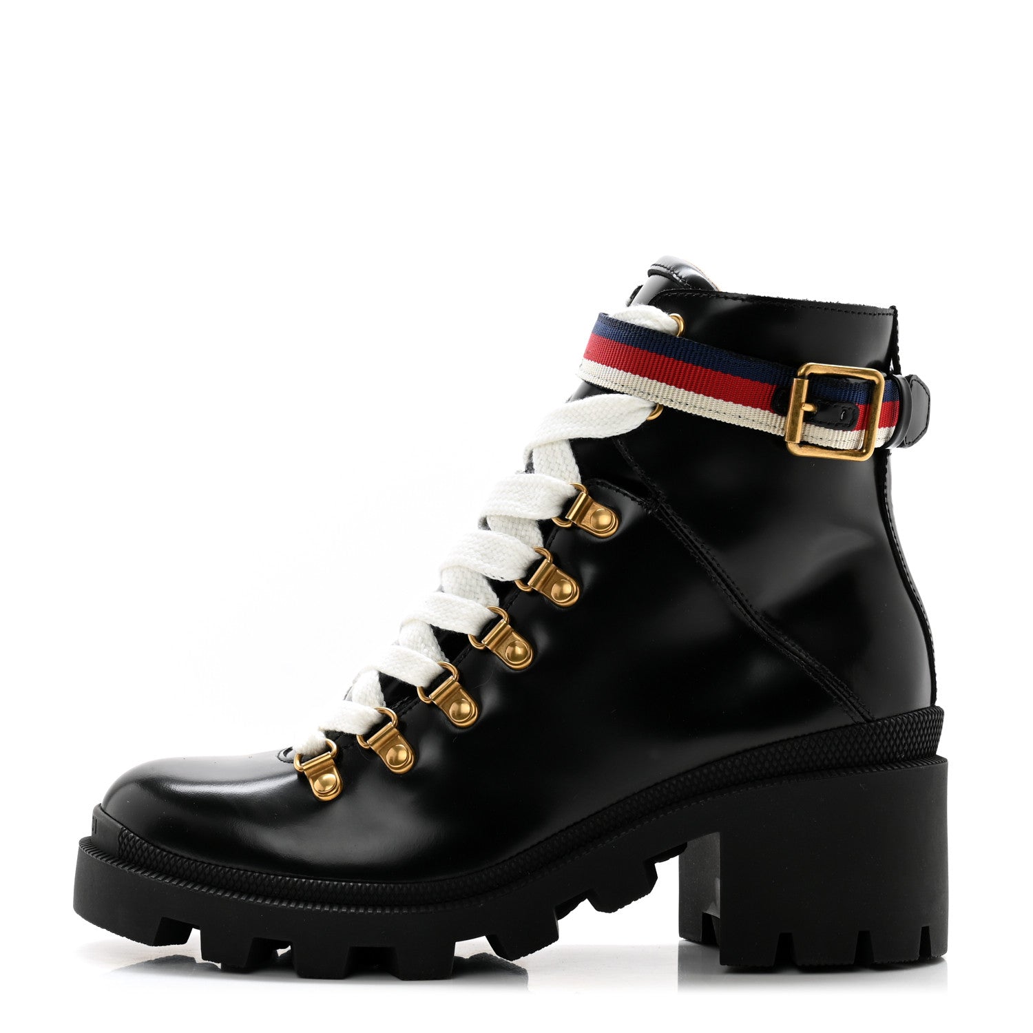 Gucci Calfskin Sylvie Web Womens Lace Up Combat Boots 37.5 Black 1 of 10