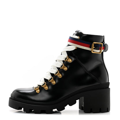 Gucci Calfskin Sylvie Web Womens Lace Up Combat Boots 37.5 Black 1 of 10