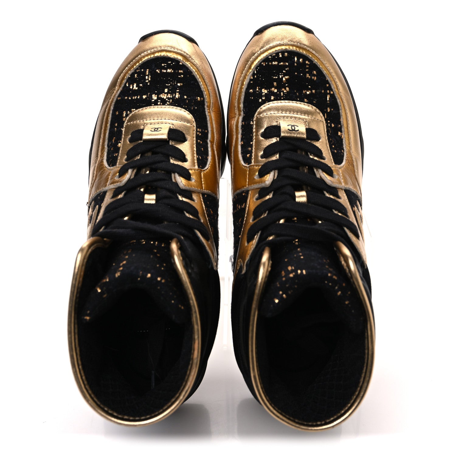 Chanel Satin Lambskin Fabric Tweed CC High Top Sneakers 38  Black Gold 2 of 9