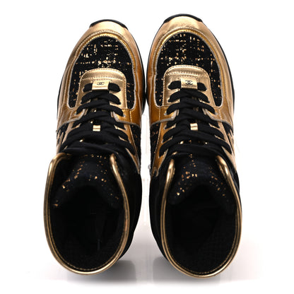Chanel Satin Lambskin Fabric Tweed CC High Top Sneakers 38  Black Gold 2 of 9