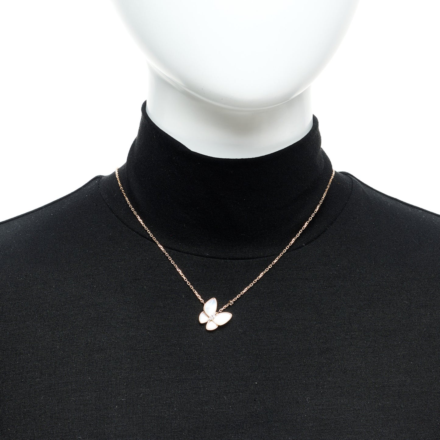 18K Rose Gold Diamond Mother of Pearl Two Butterfly Pendant Necklace