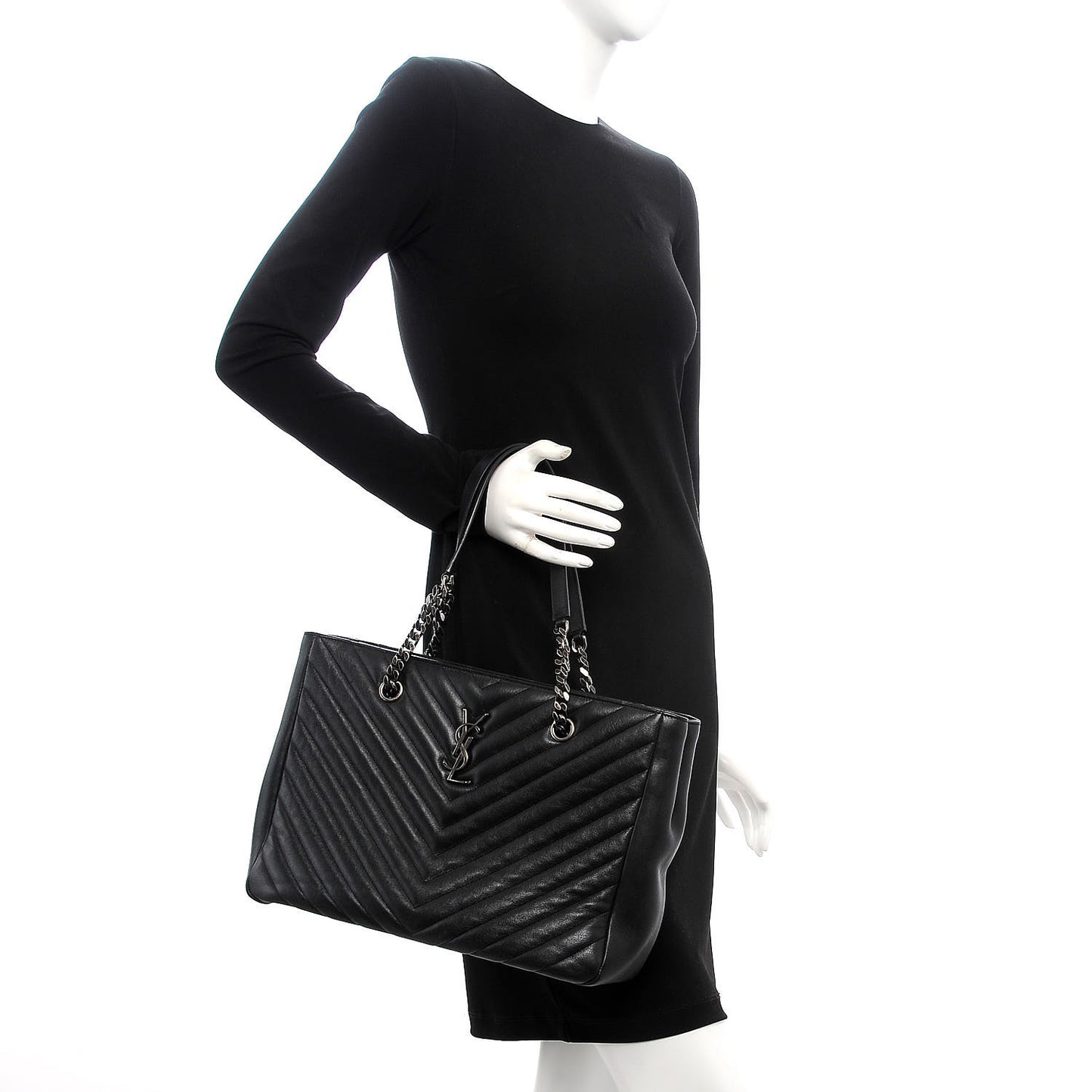Sheepskin Matelasse Chevron Large Monogram Shopping Bag Black