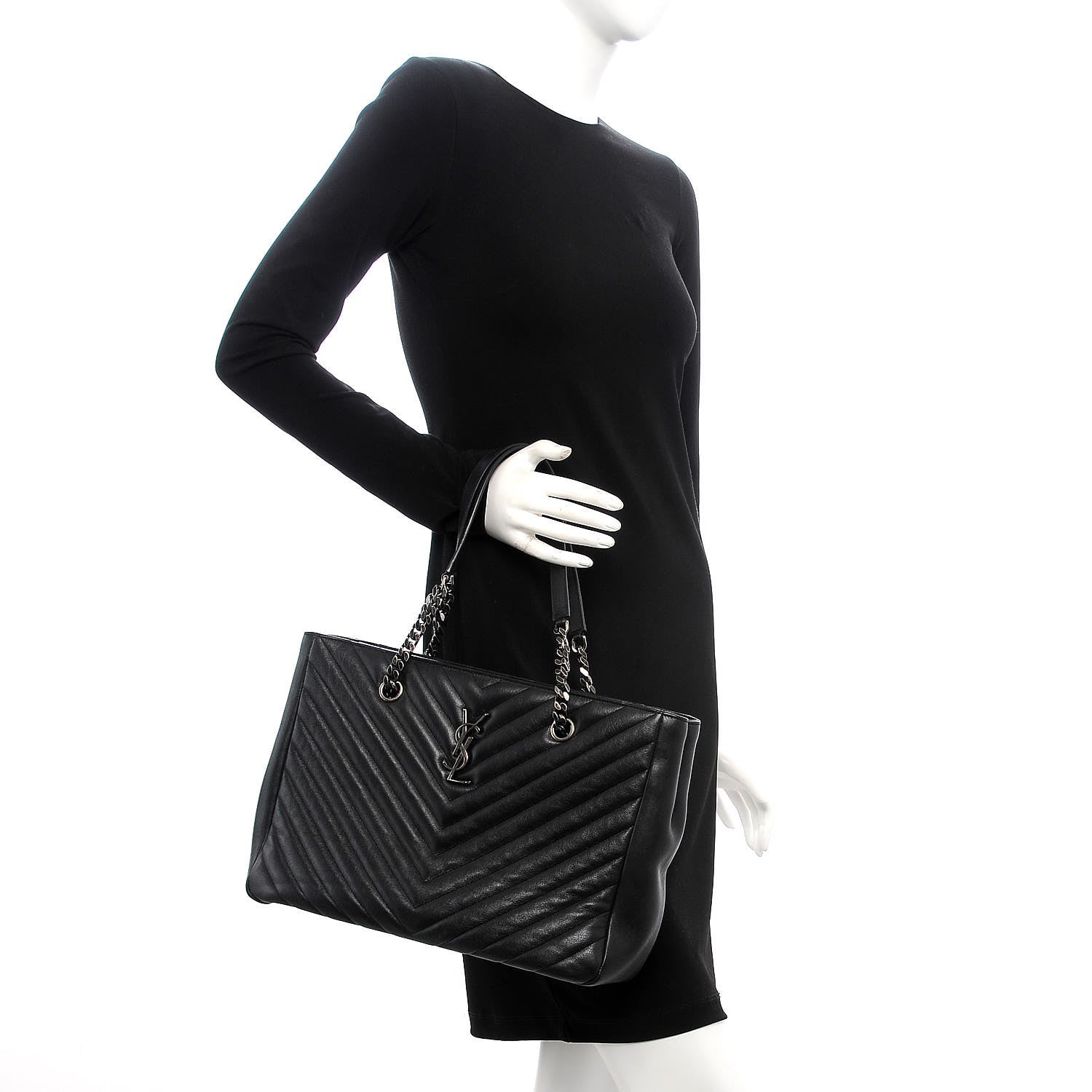 Saint Laurent Sheepskin Matelasse Chevron Large Monogram Shopping Bag Black 2 of 14