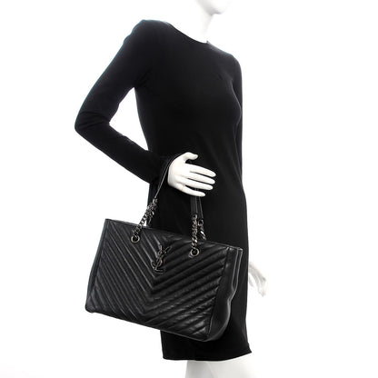 Saint Laurent Sheepskin Matelasse Chevron Large Monogram Shopping Bag Black 2 of 14