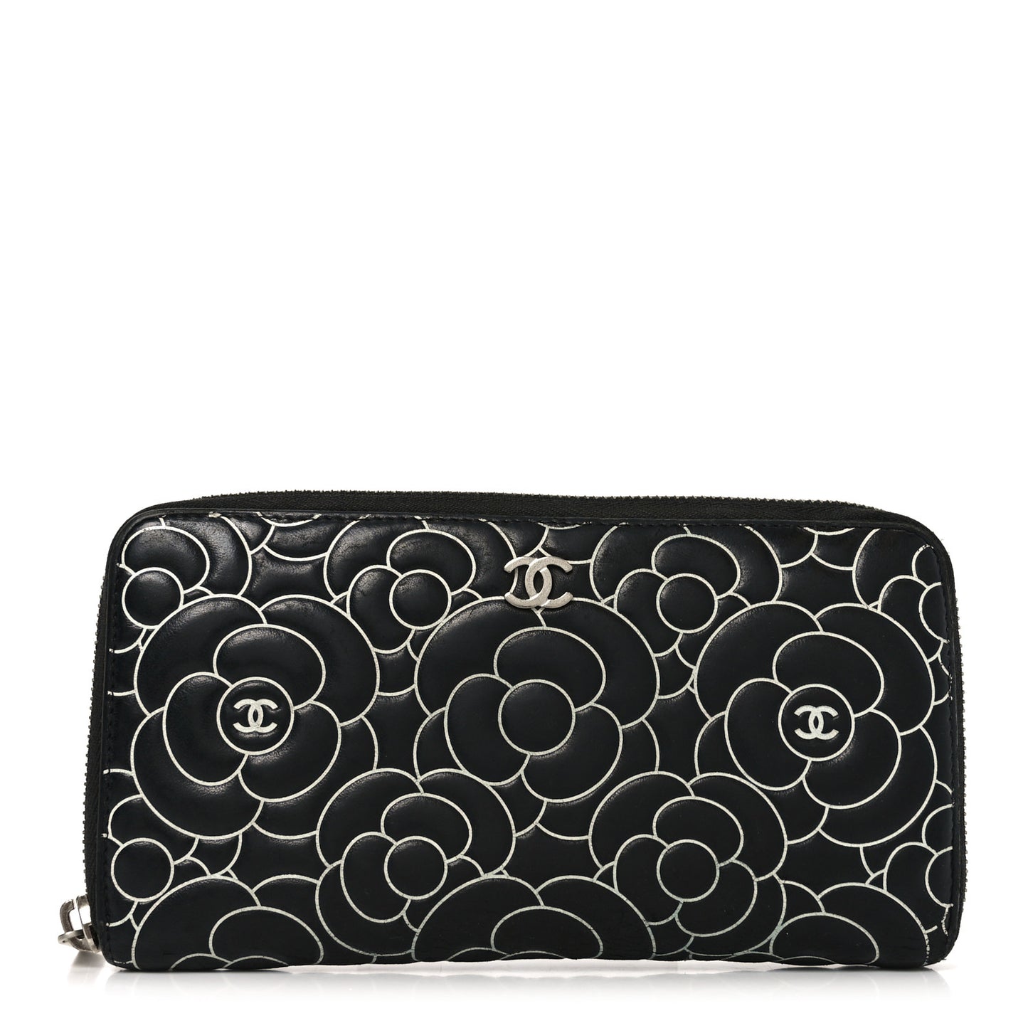 Lambskin Camellia Embossed Large Zip Around Gusset Wallet Black White