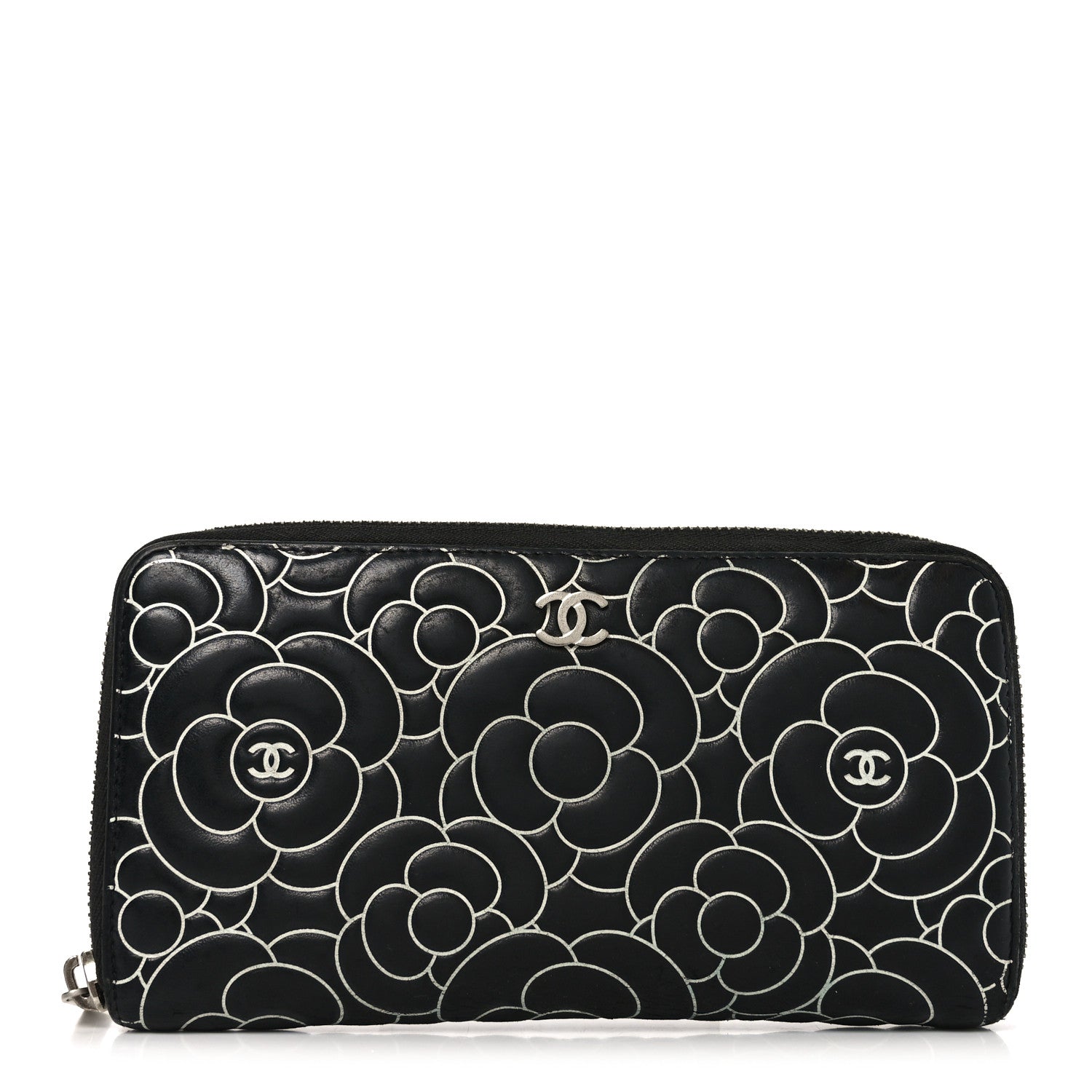 Chanel Lambskin Camellia Embossed Large Zip Around Gusset Wallet Black White 1 of 10