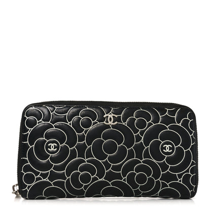 Chanel Lambskin Camellia Embossed Large Zip Around Gusset Wallet Black White 1 of 10