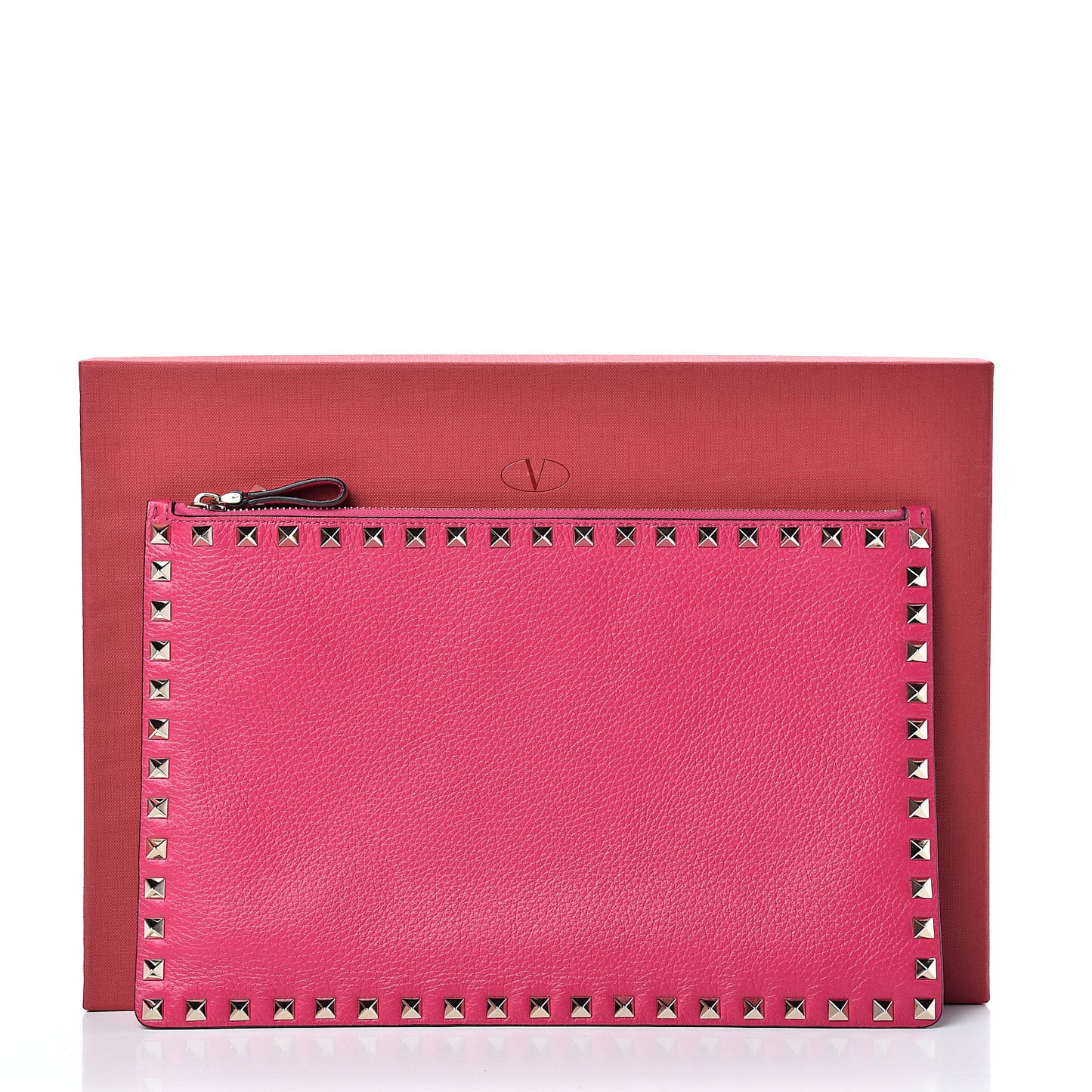 Pebbled Calfskin Large Rockstud Zip Pouch Peony