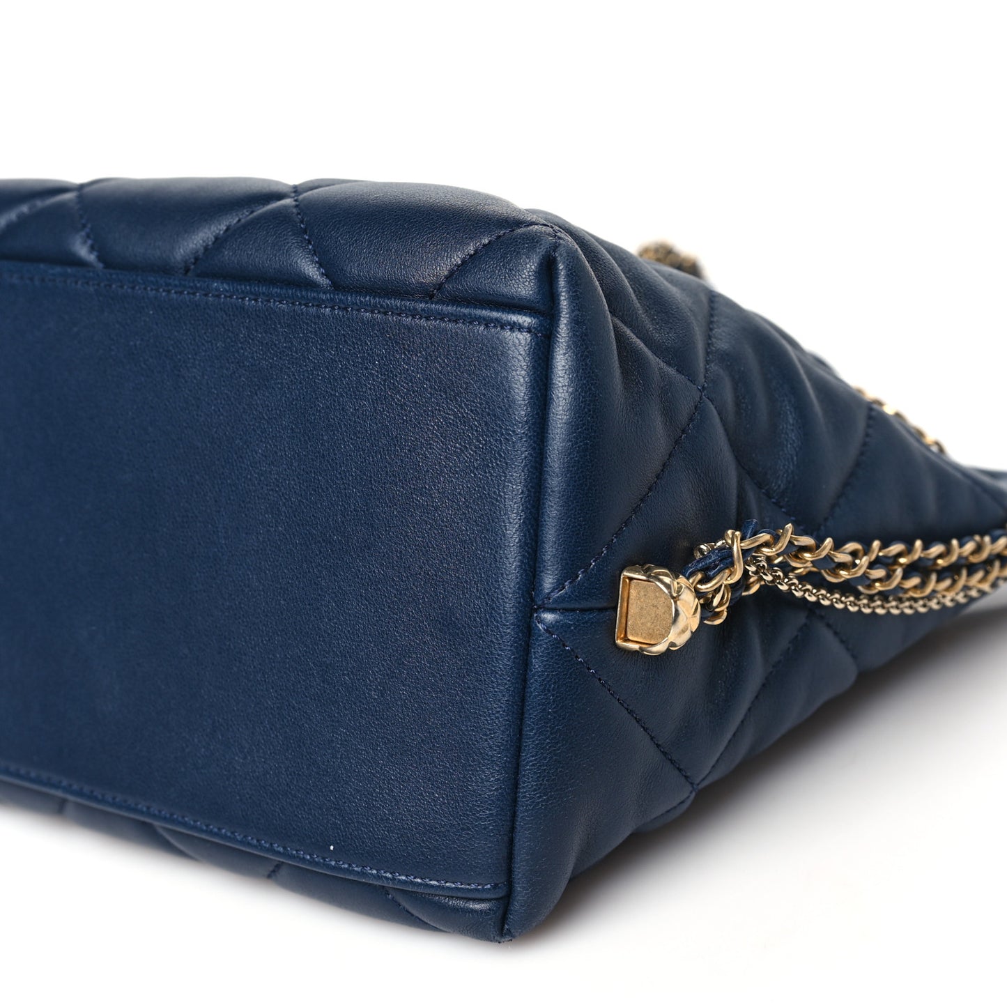 Lambskin Quilted Crush on Chains Drawstring Bucket Bag Hobo Navy