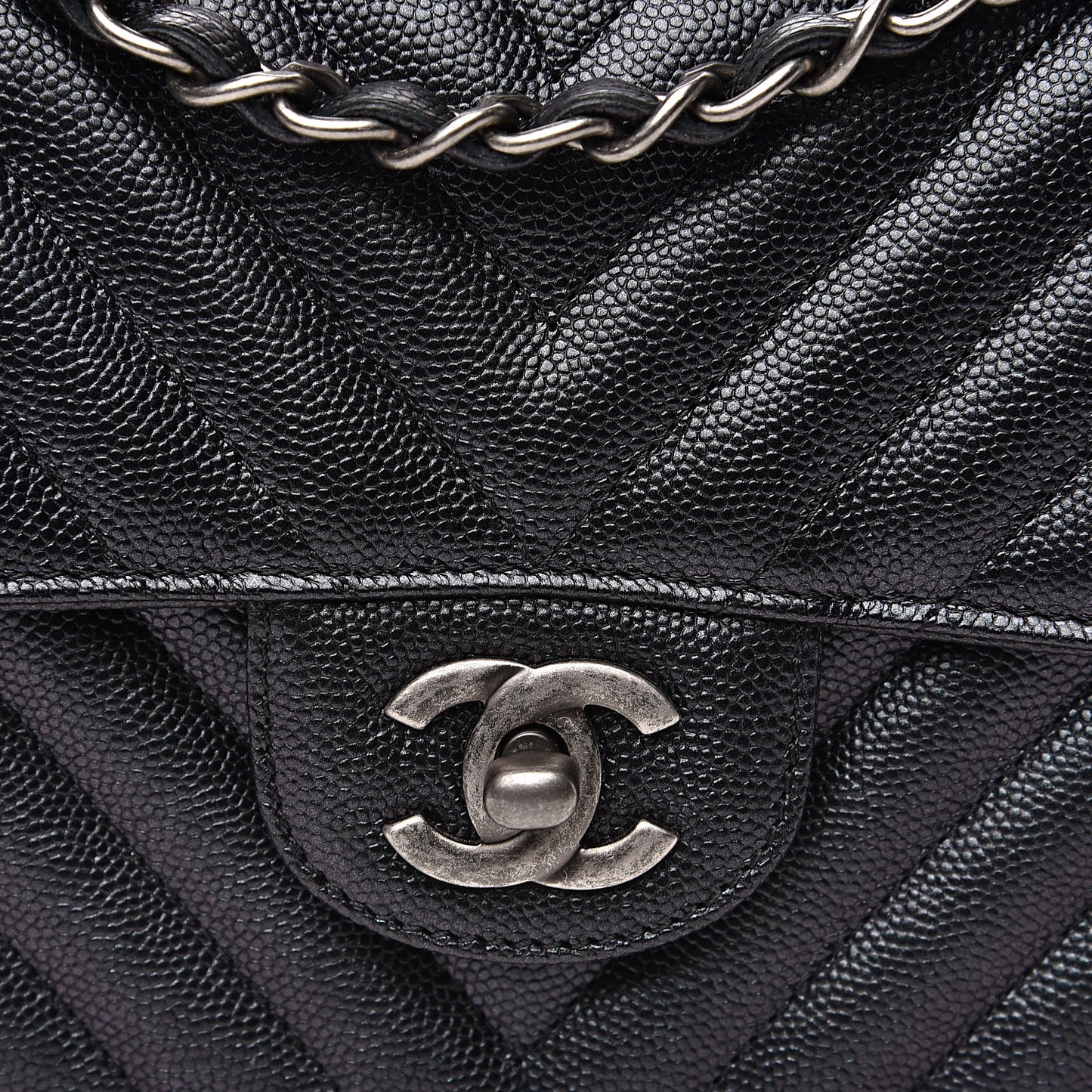 Iridescent Caviar Chevron Quilted Mini Rectangular Flap Black