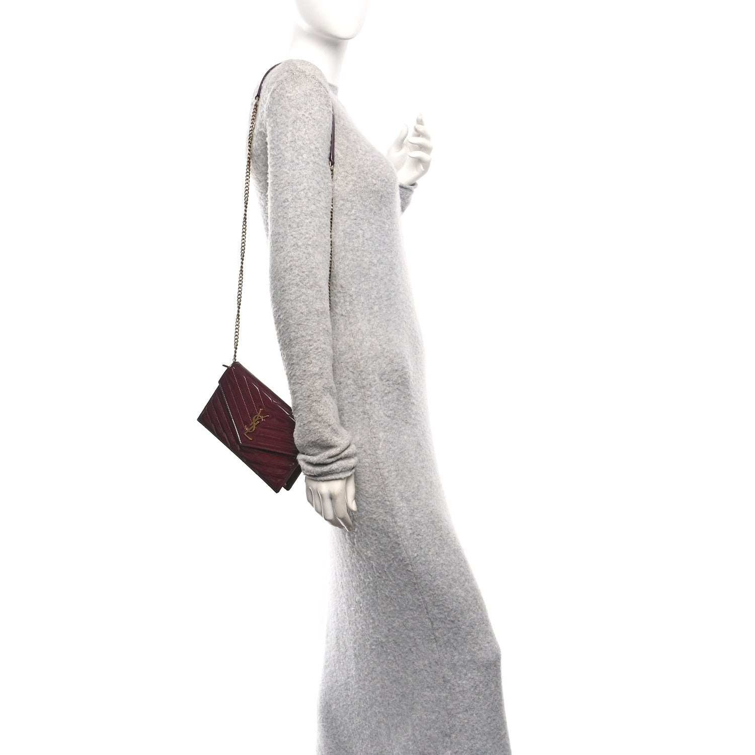 Saint Laurent Patent Calfskin Matelasse Chevron Monogram Envelope Chain Wallet Dark Red Wine 2 of 10