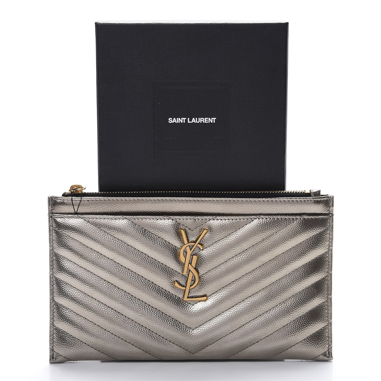 Metallic Grain De Poudre Matelasse Chevron Monogram Bill Pouch Piombo