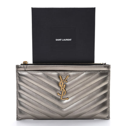 Saint Laurent Metallic Grain De Poudre Matelasse Chevron Monogram Bill Pouch Piombo 7 of 7